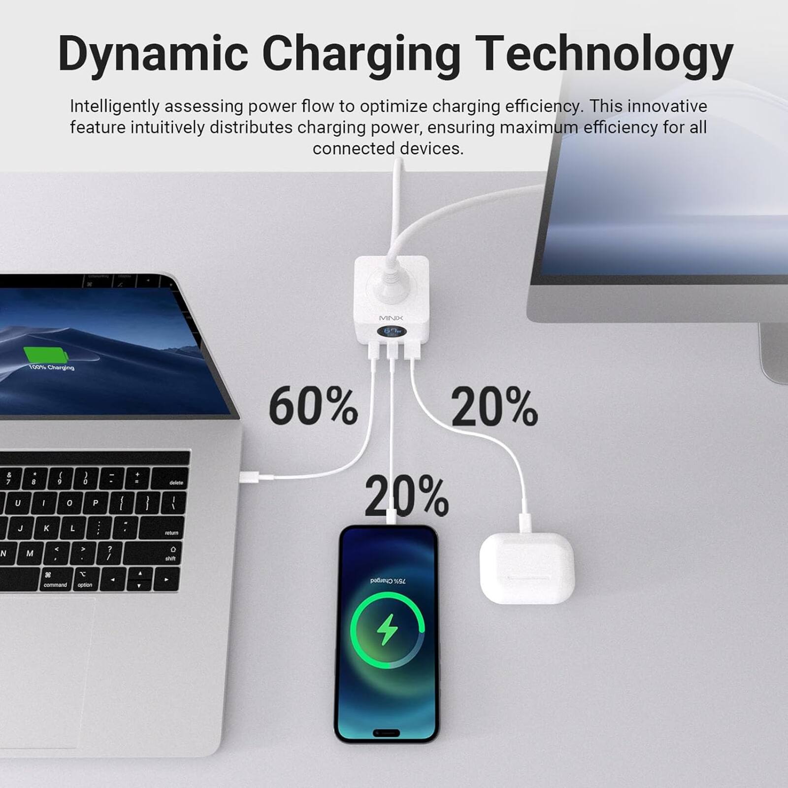 Dynamic Charging Technology: Intelligently assessing power flow to optimize charging efficiency. This innovative feature intuitively distributes charging power, ensuring maximum efficiency for all connected devices.