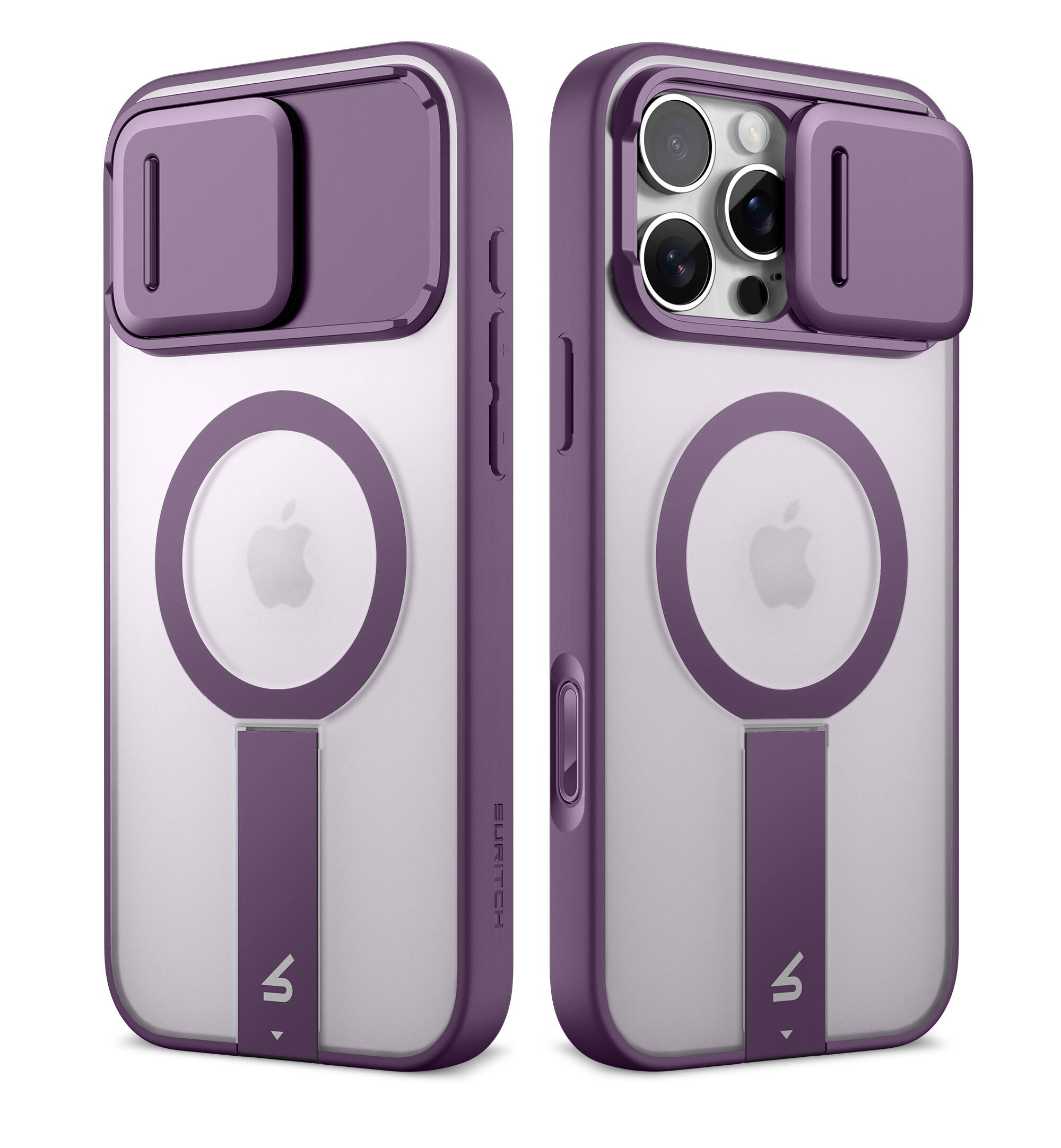 Angle. SURITCH - Rugged Case for iPhone 16 Pro, Compatible with MagSafe, Built-in Kickstand & Camera Cover & Translucent Back 6.3 inch - Dark Purple.