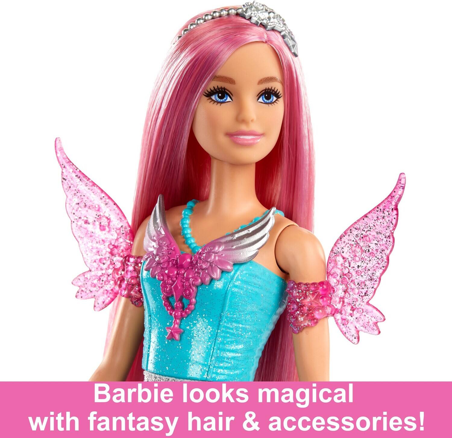 Barbie looks magical with fantasy hair & accessories!