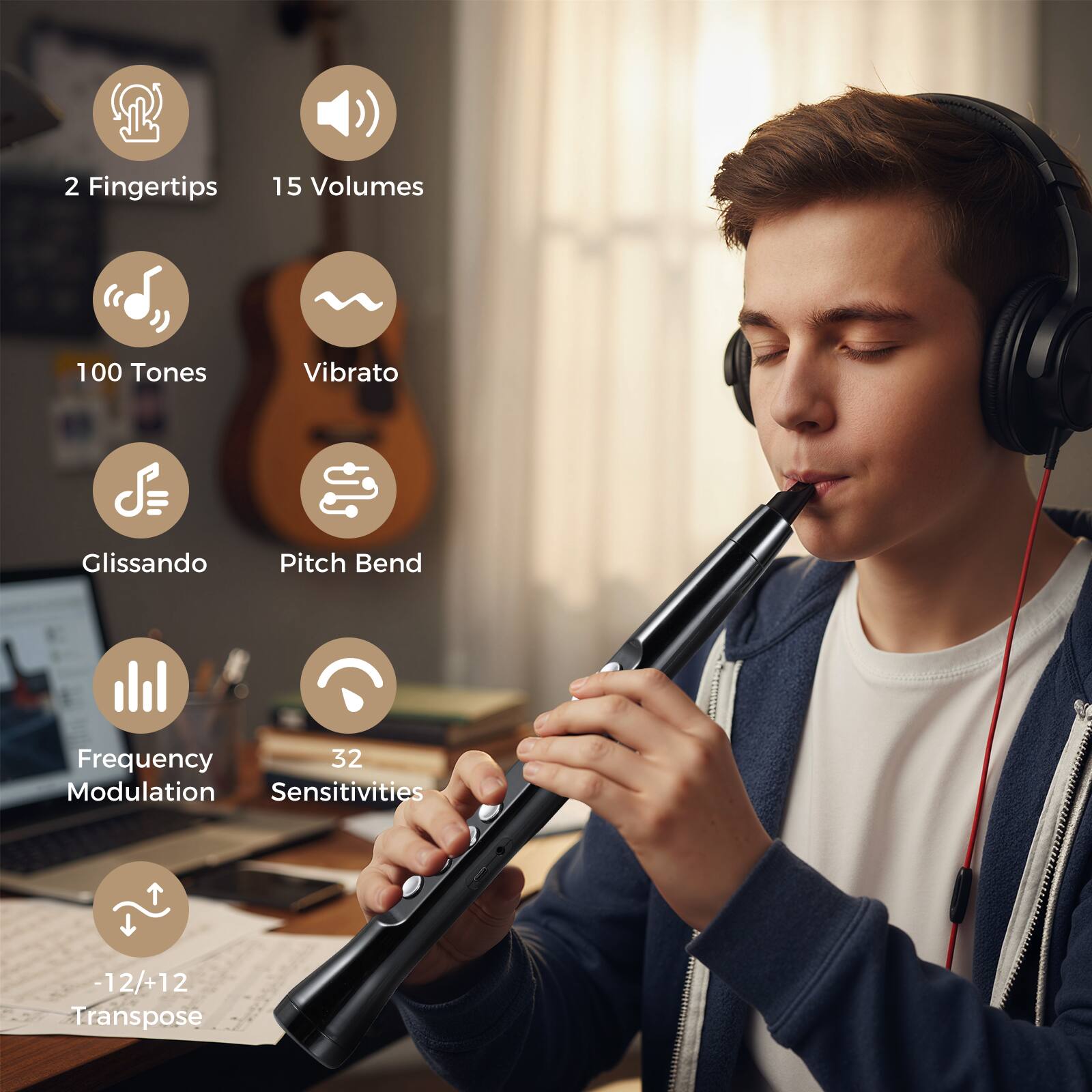 2 Fingertips  
15 Volumes  
100 Tones  
Vibrato  
Glissando  
Pitch Bend  
Frequency Modulation  
32 Sensitivities  
-12/+12 Transpose