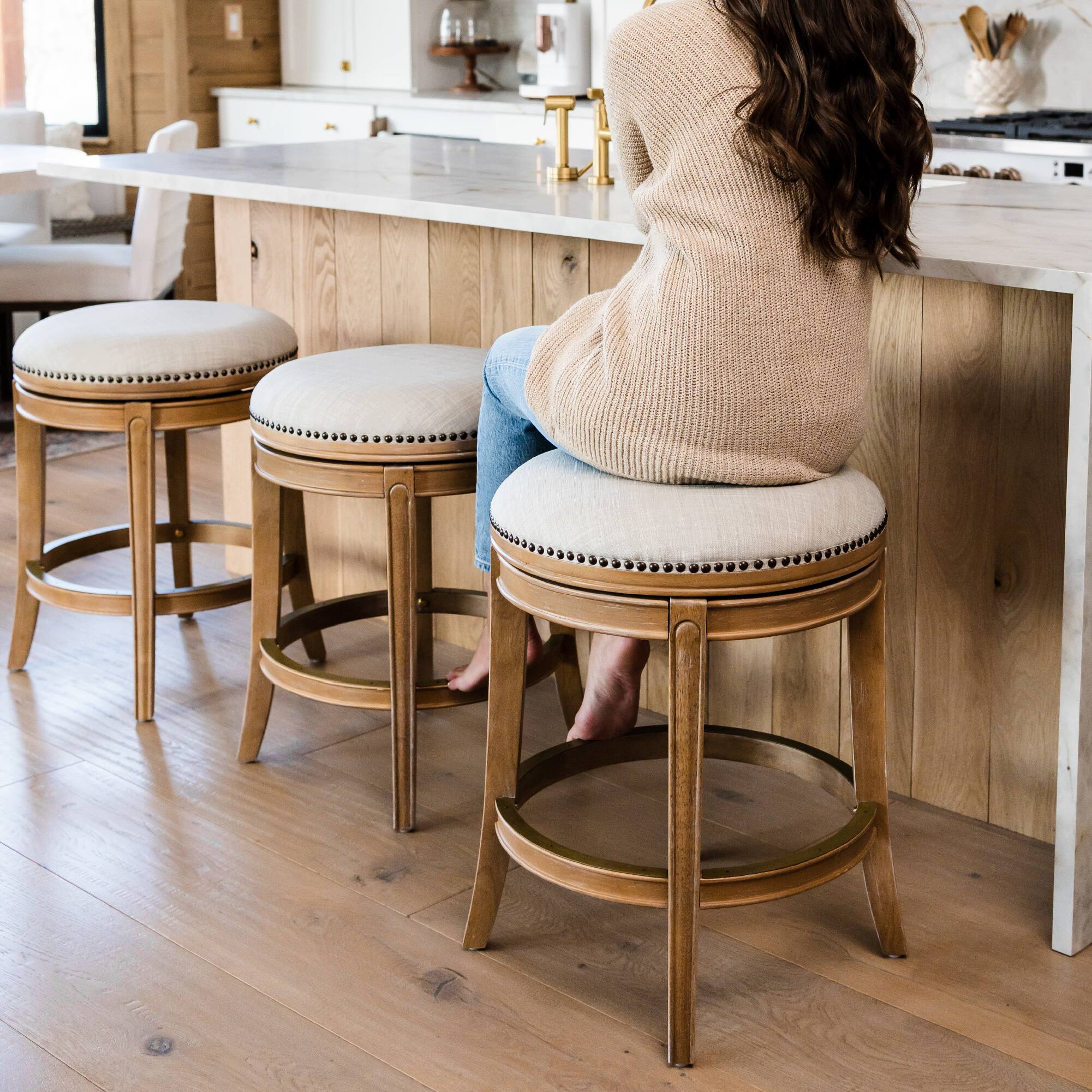 Back. Maven Lane - 26" Alexander Backless Counter Stool in Weathered Oak Finish with Fabric Upholstery - Weathered Oak.