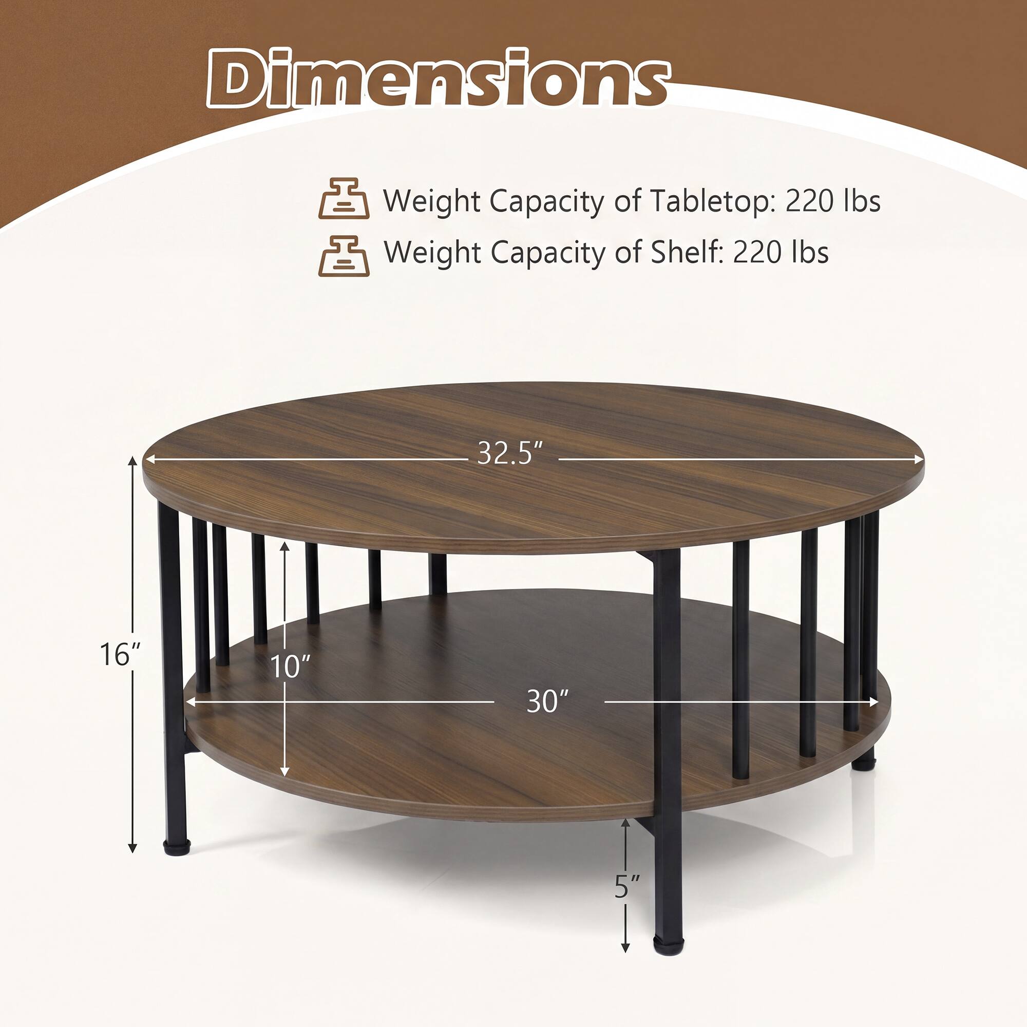 Dimensions

Weight Capacity of Tabletop: 220 lbs  
Weight Capacity of Shelf: 220 lbs

32.5"  
16"  
10"  
30"  
5"