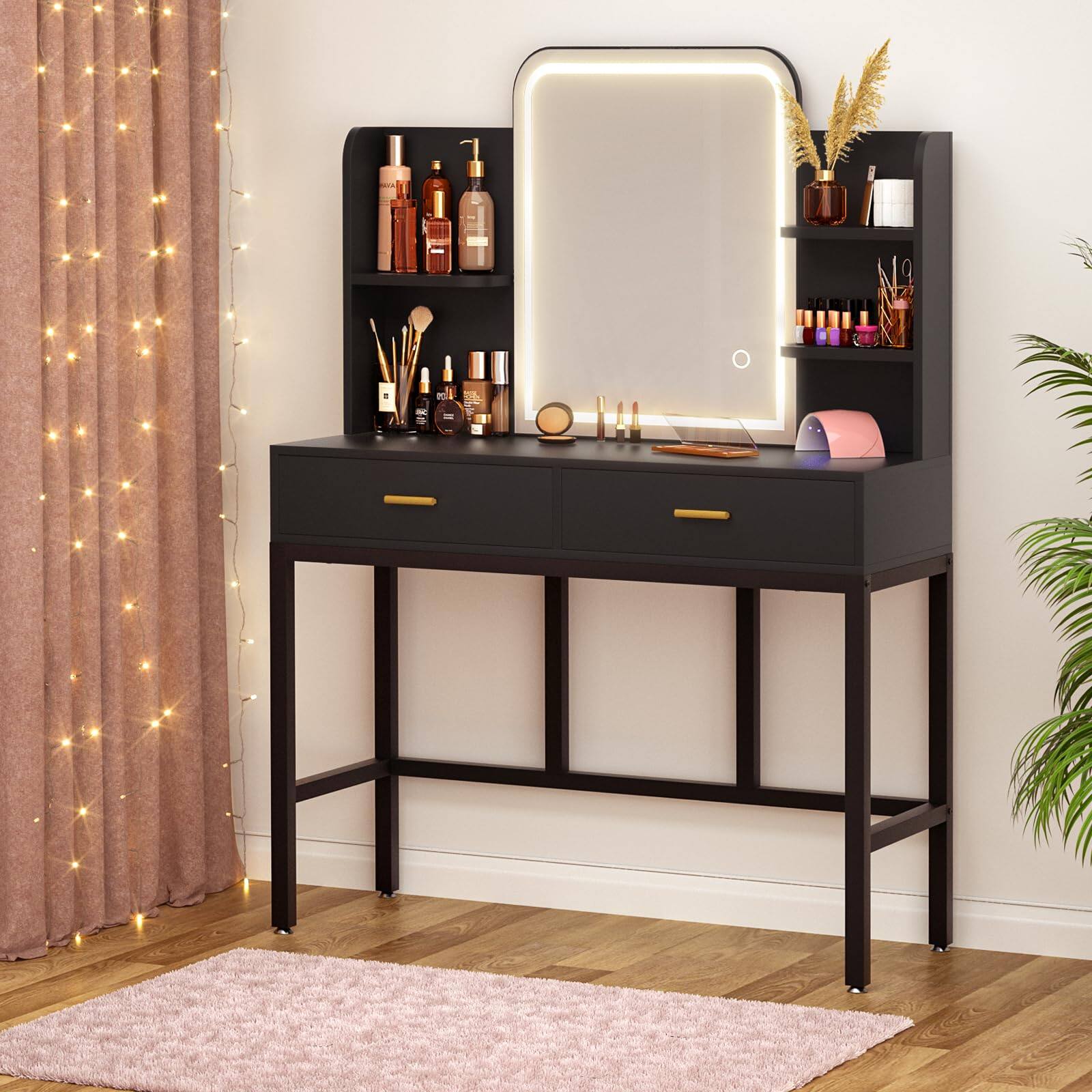 Alt View 2. Aheaplus - Vanity Set with Mirror & Lights - 3-Color Lighting, Drawers & Storage Shelf for Bedroom - Black.