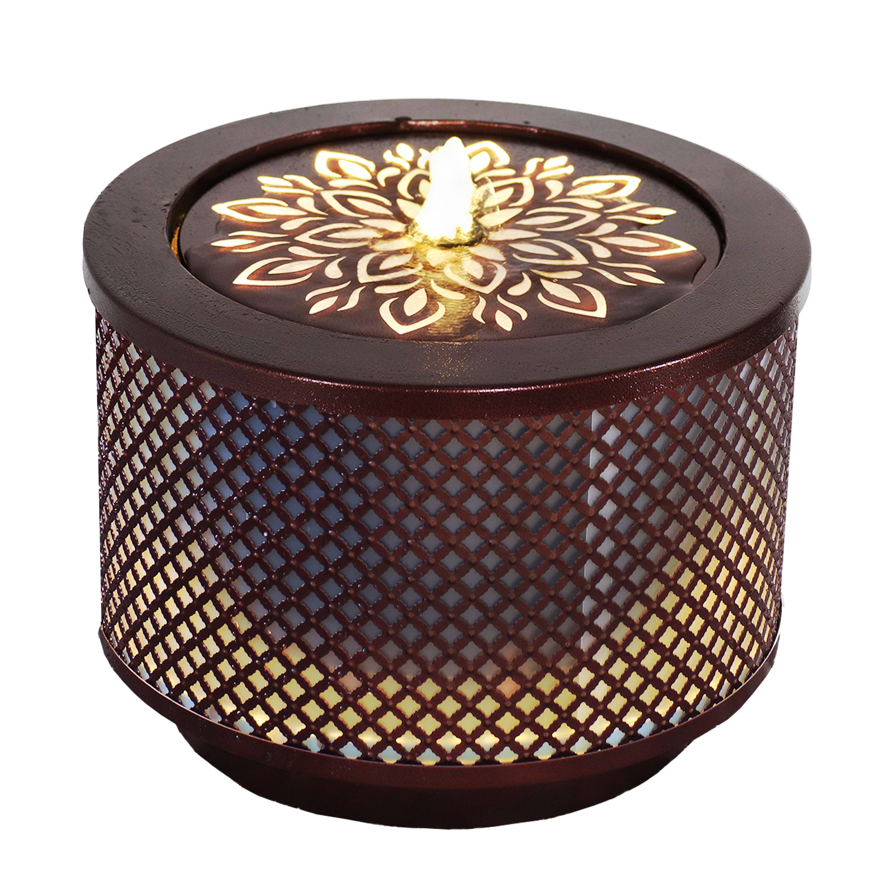 Front. Sunnydaze - Repeating Diamond Cylinder Iron Water Fountain with LED Lights - Brown.