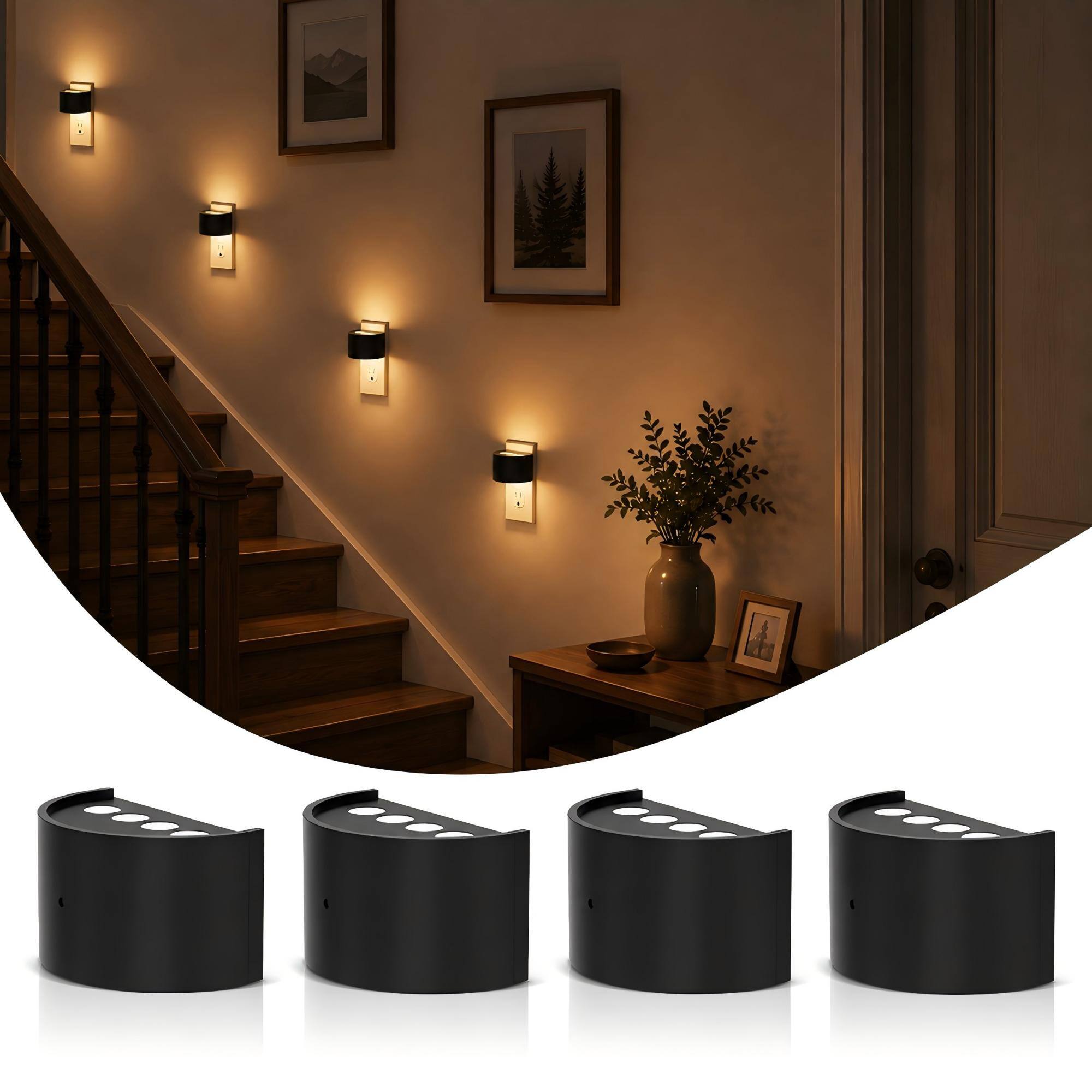 Angle. Jandcase - JANDCASE 4-Pack 0.5W Plug-in Night Light, 3000K Warm Glow,Up/Down Light, Non-, Dusk-to-Dawn Sensor - Black.