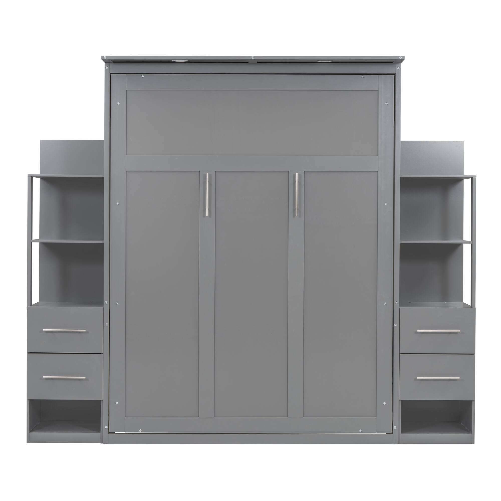 Alt View 4. Tiramisubest - Queen Size Murphy Wall Bed w/ Shelves, Drawers, LED Lights, Gray, 88x104x88 inches, 286 lbs - Gray.