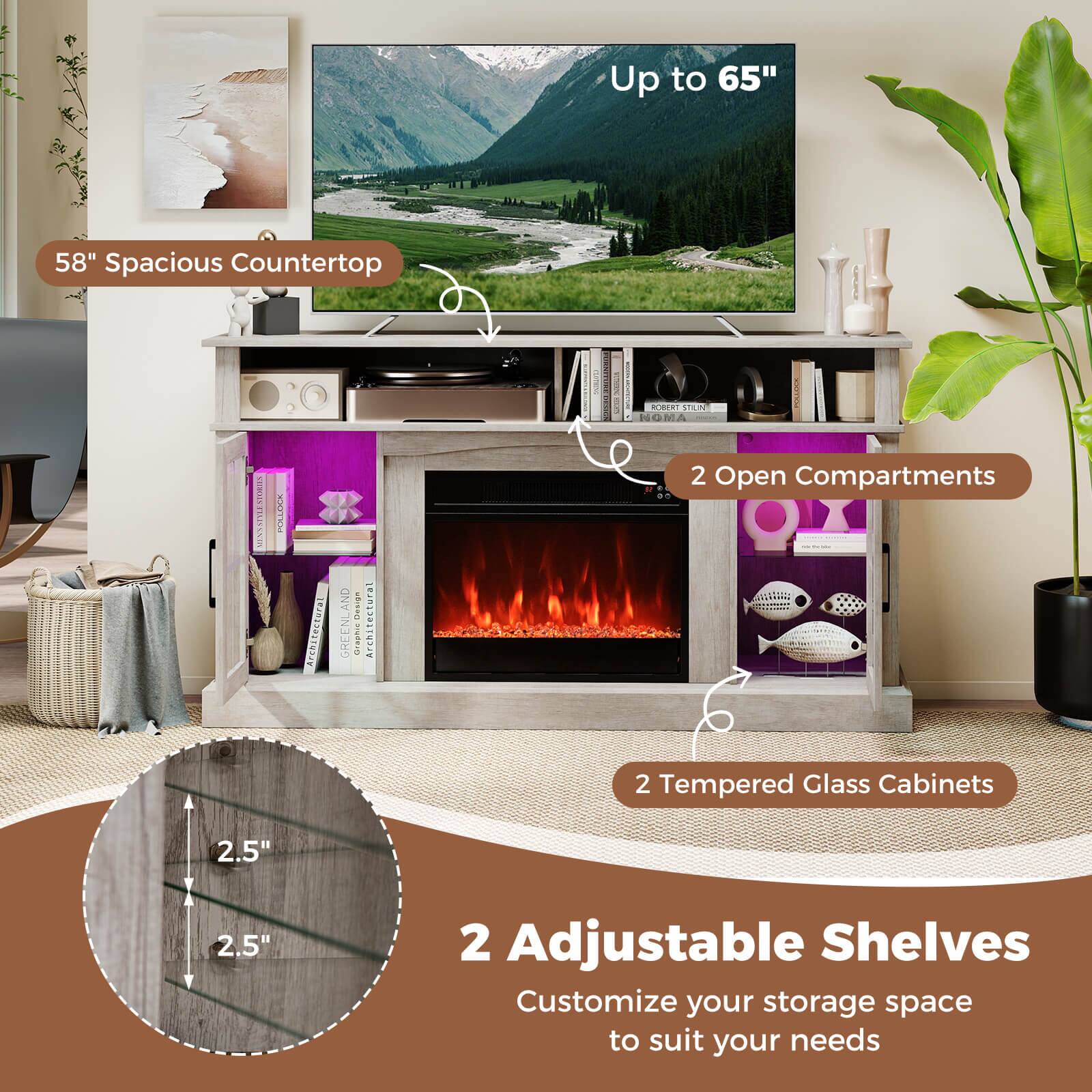 Up to 65"  
58" Spacious Countertop  
2 Open Compartments  
2 Tempered Glass Cabinets  
2 Adjustable Shelves  
Customize your storage space to suit your needs