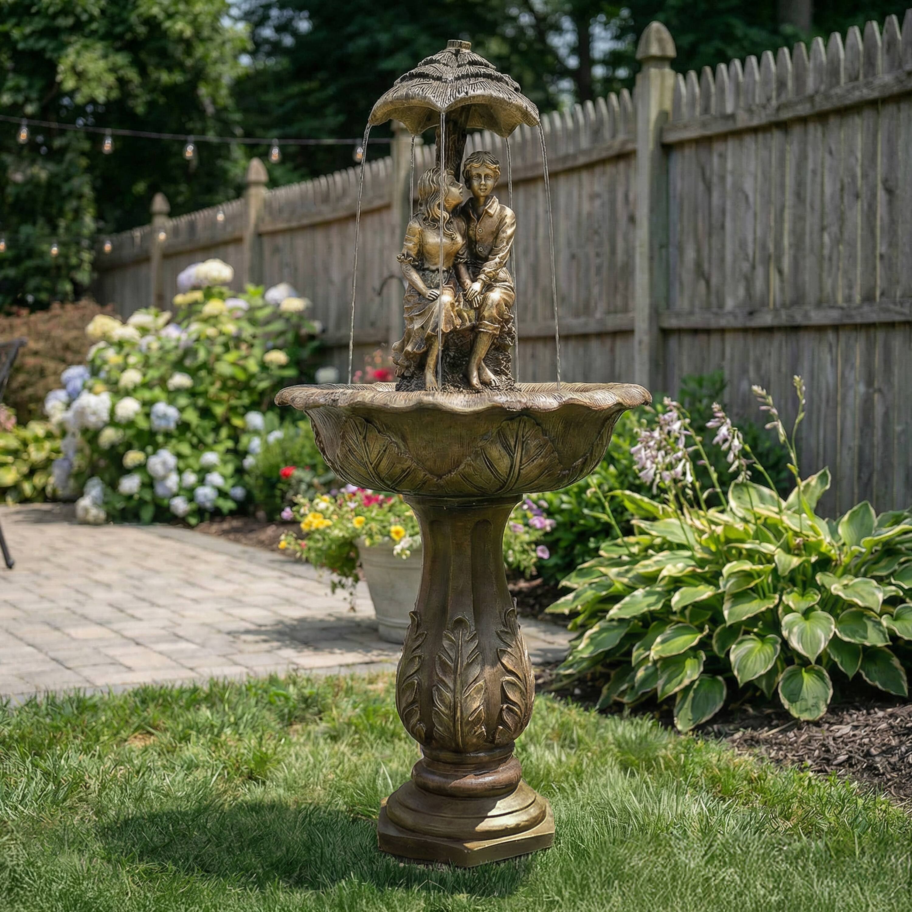 Alt View 7. Sunnydaze - Lovers Umbrella Solar Fountain with Battery/LED Lights - 43 in - Brown.