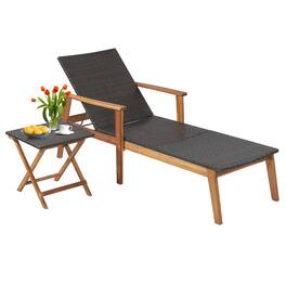 Costway - 2PCS Patio Rattan Lounge Chair Chaise Recliner Wood Back Adjust W/Folding Table - Mix Brown