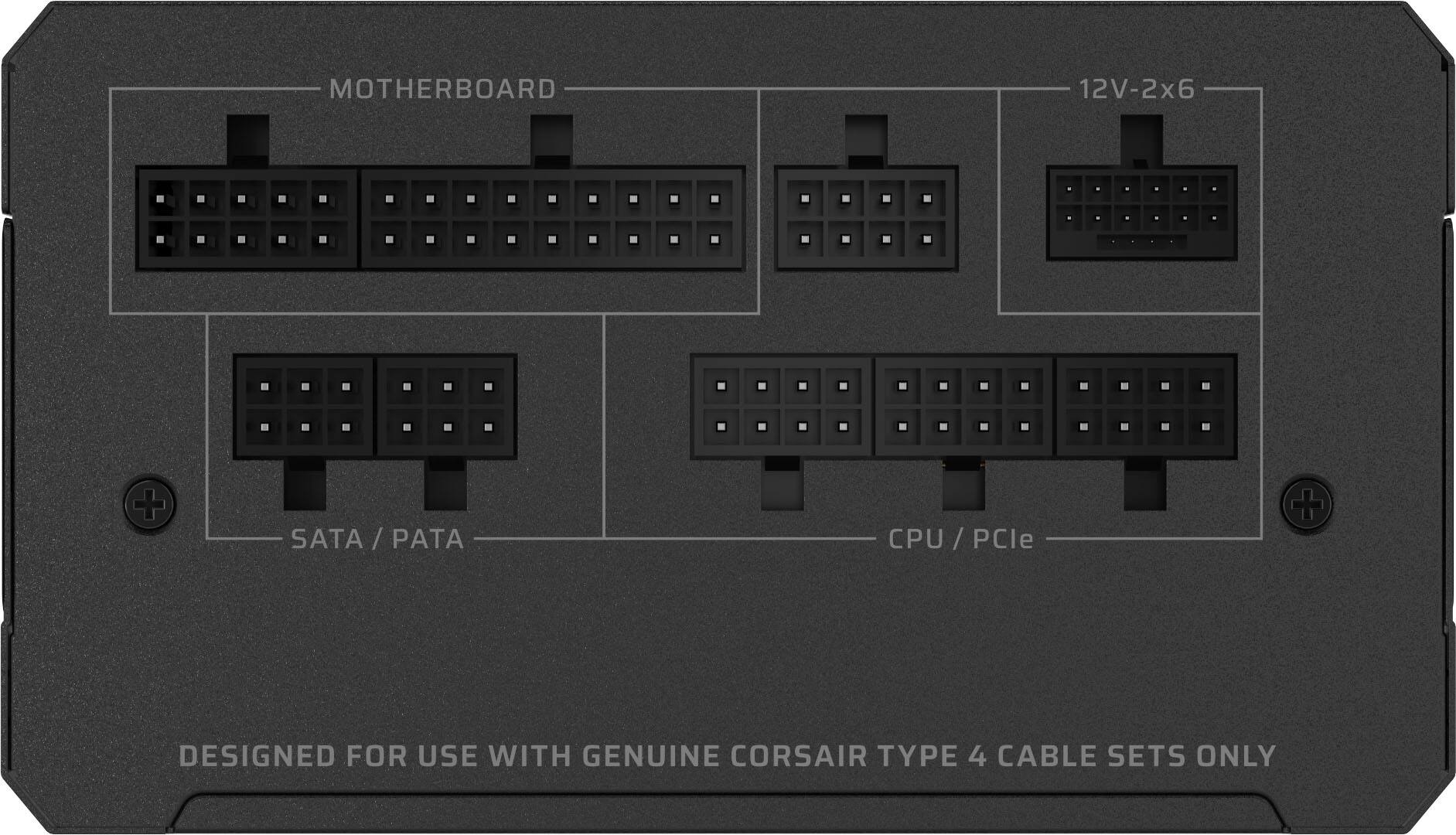 The image shows a motherboard with a diagram of the connections. The text on the image reads: "MOTHERBOARD 12V-2x6 + SATA / PATA CPU U/PCle / + DESIGNED FOR USE WITH GENUINE CORSAIR TYPE 4 CABLE SETS ONLY." This indicates that the motherboard is designed for use with genuine Corsair Type 4 cable sets only, and it features 12V-2x6 power supply, SATA, and PATA connections for the CPU, U/PCle, and other components.