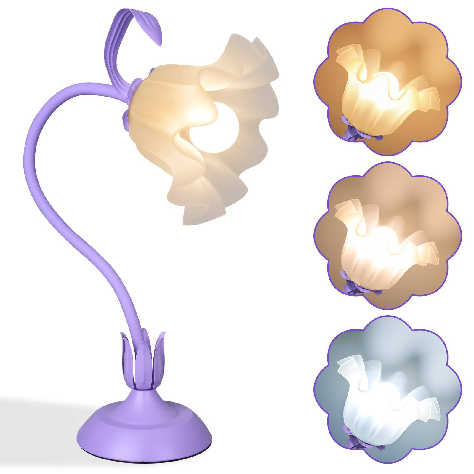 Comfort Essence - Flower Desk Lamp Led Reading Light Bedside Vintage Night 3 Colors Modes Cute Lamps Decor Living Room Bedroom - Purple