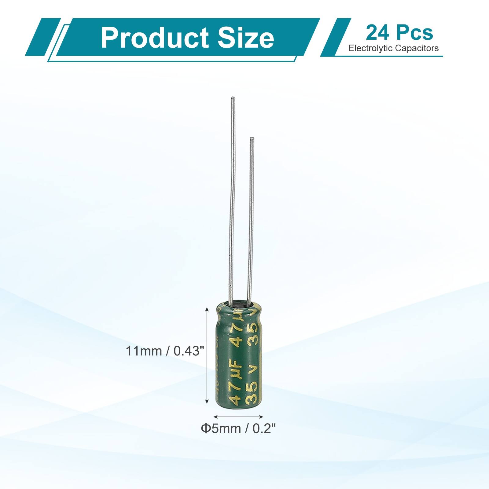 Product Size: 24 Pcs Electrolytic Capacitors  
47uF 35V  
11mm / 0.43"  
5mm / 0.2"