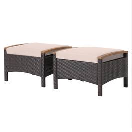 Costway - Set of 2 Patio Rattan Ottoman Footrest Cushions Wooden Handle - Mix Brown,Beige
