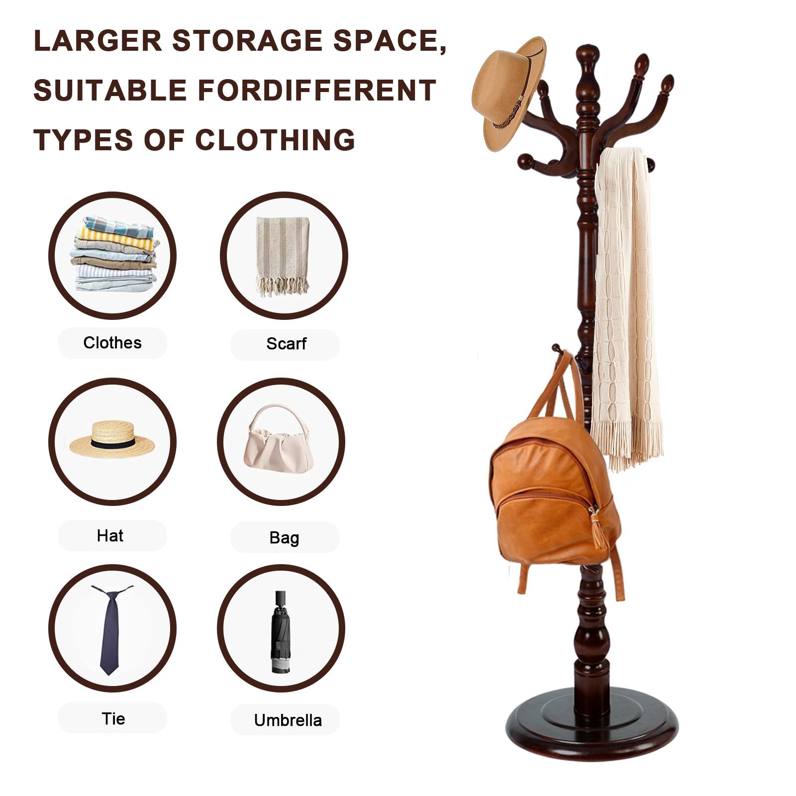 Larger storage space, suitable for different types of clothing: Clothes, Scarf, Hat, Bag, Tie, Umbrella.