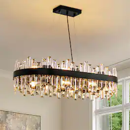 Siljoy - 35.5in Oval K9 Crystal Empire Chandelier 16-Light Dimmable E12 Adjustable Height For Dining Kitchen Island - Black