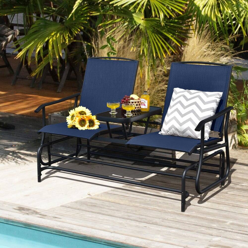 Alt View 1. Pefilos - 2-Person Double Rocking Loveseat with Mesh Fabric and Center Tempered Glass Table - Blue.