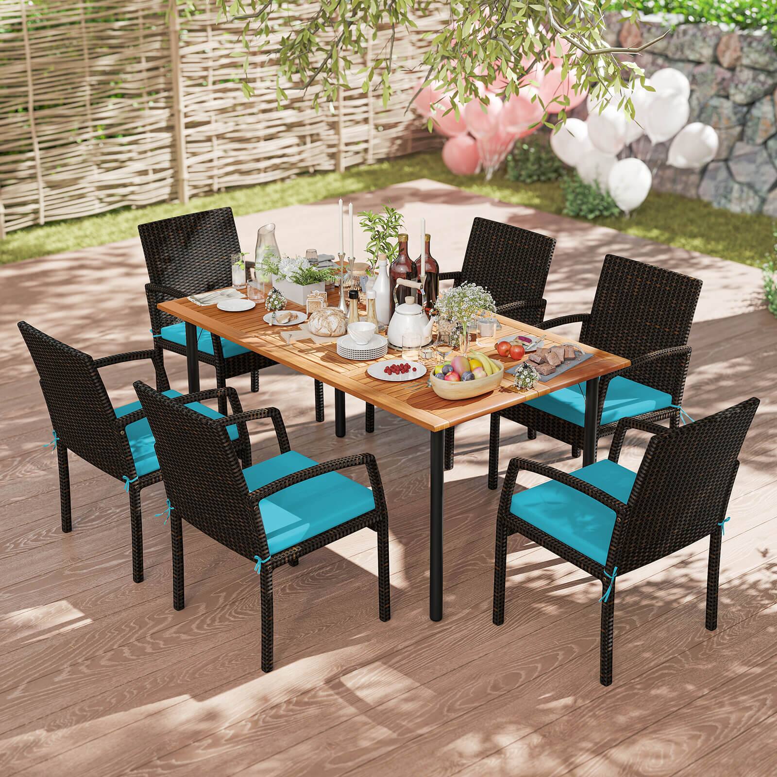 Alt View 1. Costway - Costway 7PCS Patio Rattan Dining Chair Table Set W/ Cushion & Hole - Turquoise.