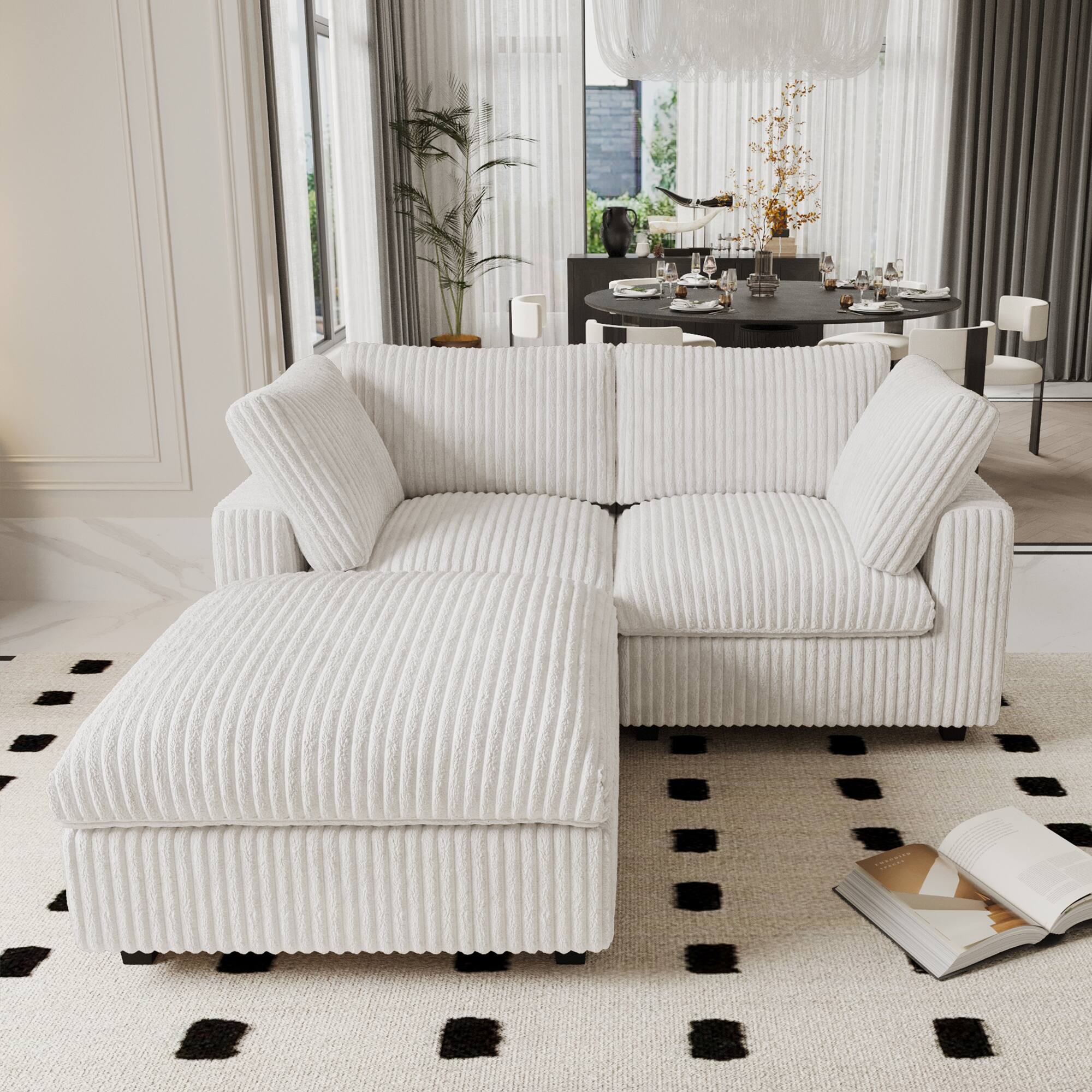 Alt View 7. Yardgrace - Deluxe Cloud 3-Seater Beige Washable Chaise Sectional, Plush Fabric, Modular Design - White.