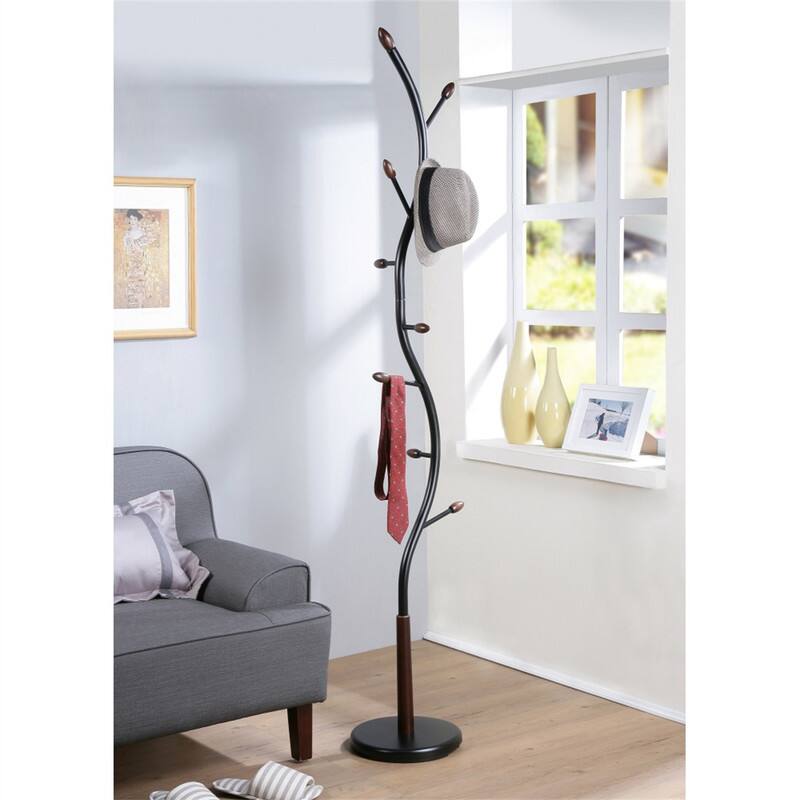 Angle. ALEXOUN - Metal Black and Walnut Standing Coat Rack - 9 Hooks, Metal Construction with Wooden Accents, Modern Finish - Black.