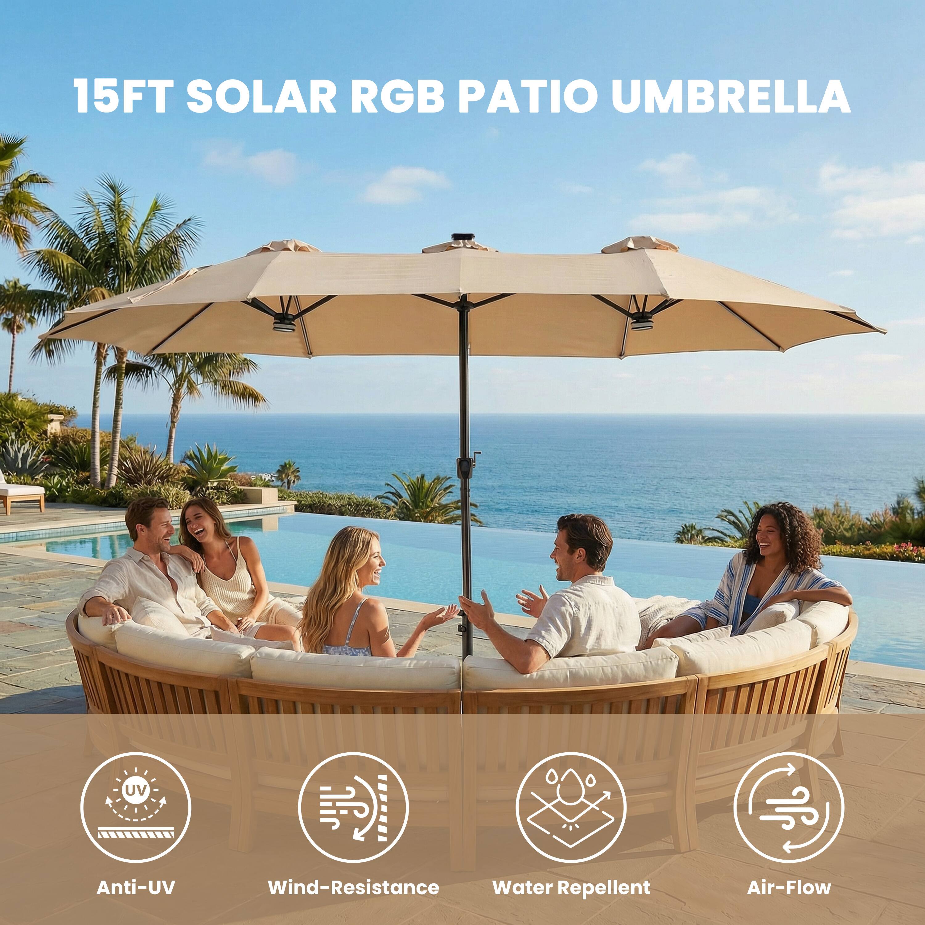15FT SOLAR RGB PATIO UMBRELLA

- Anti-UV
- Wind-Resistance
- Water Repellent
- Air-Flow