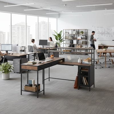 Forest'nSky Industrial L Shaped Desk with 2 Drawers and Shelves Forest'nSky Industrial L Shaped Desk with 2 Drawers and Shelves