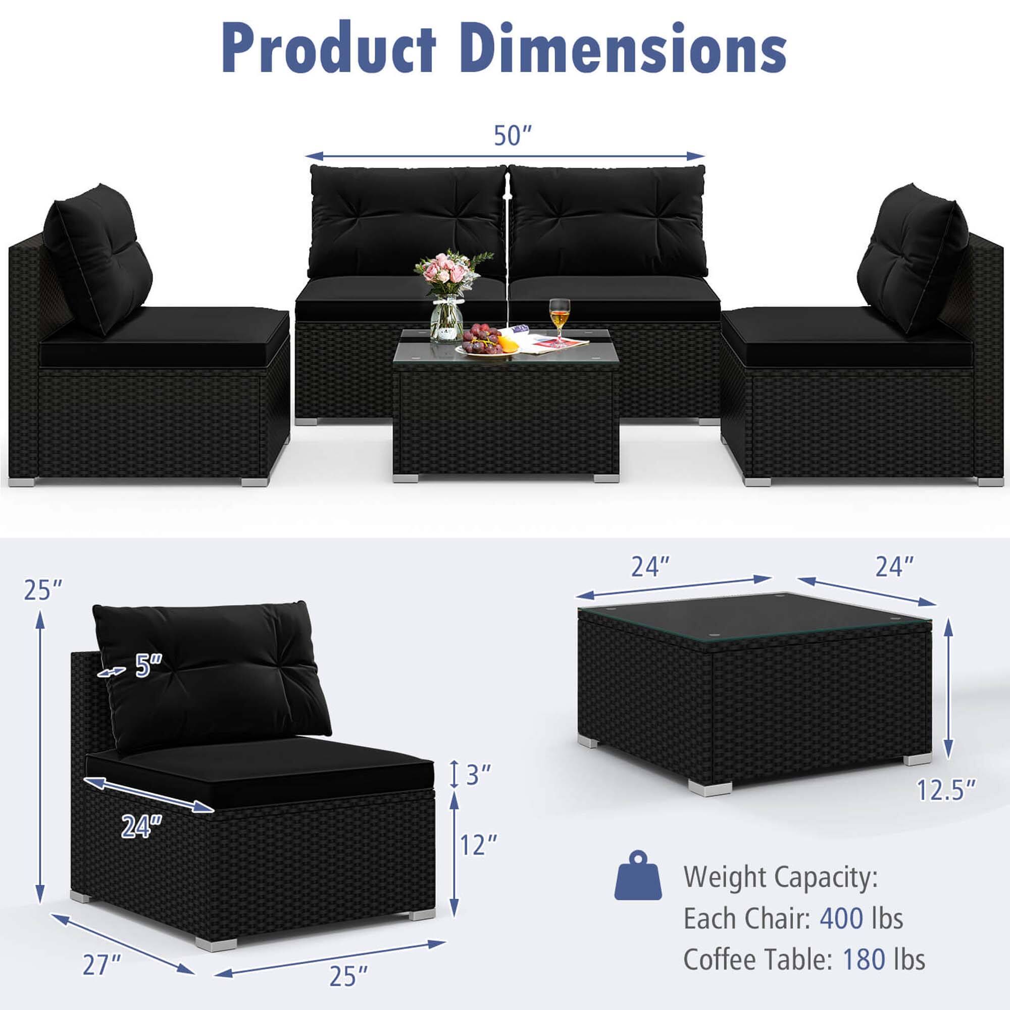 Product Dimensions: 50", 25", 24", 24", 5", 24", 27", 25", 12", 12.5"

Weight Capacity: Each Chair: 400 lbs, Coffee Table: 180 lbs