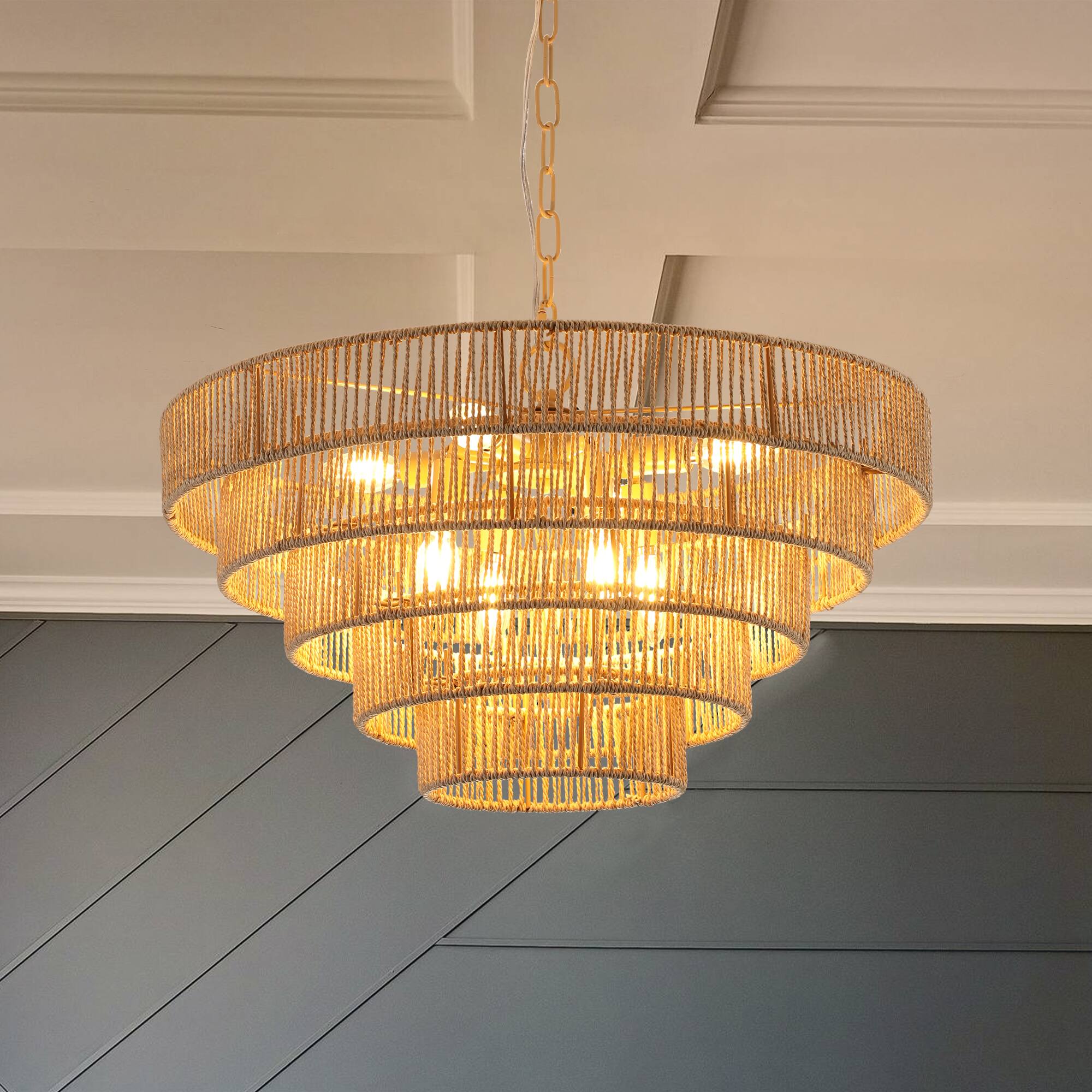 Front. Tiramisubest - 24" Modern 5-Layer Woven Hemp Rope Chandelier, Boho Style Pendant Light, Elegant Hanging Light Fixture (No Bulbs) - Wood.