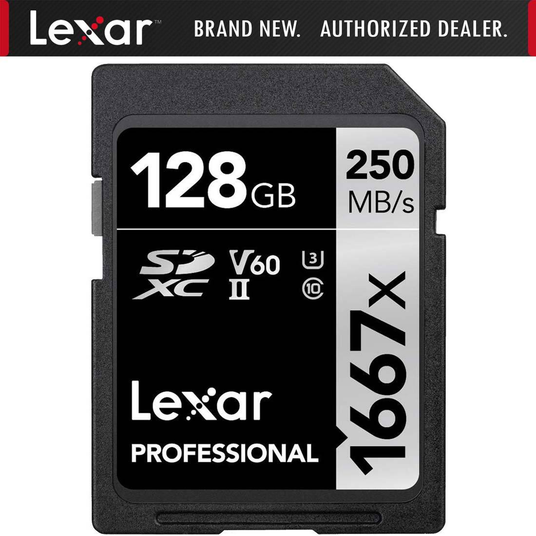 Lexar  
BRAND NEW. AUTHORIZED DEALER.  

128 GB  
250 MB/s  
S2 XC II  
V60  
1667X  
Lexar PROFESSIONAL