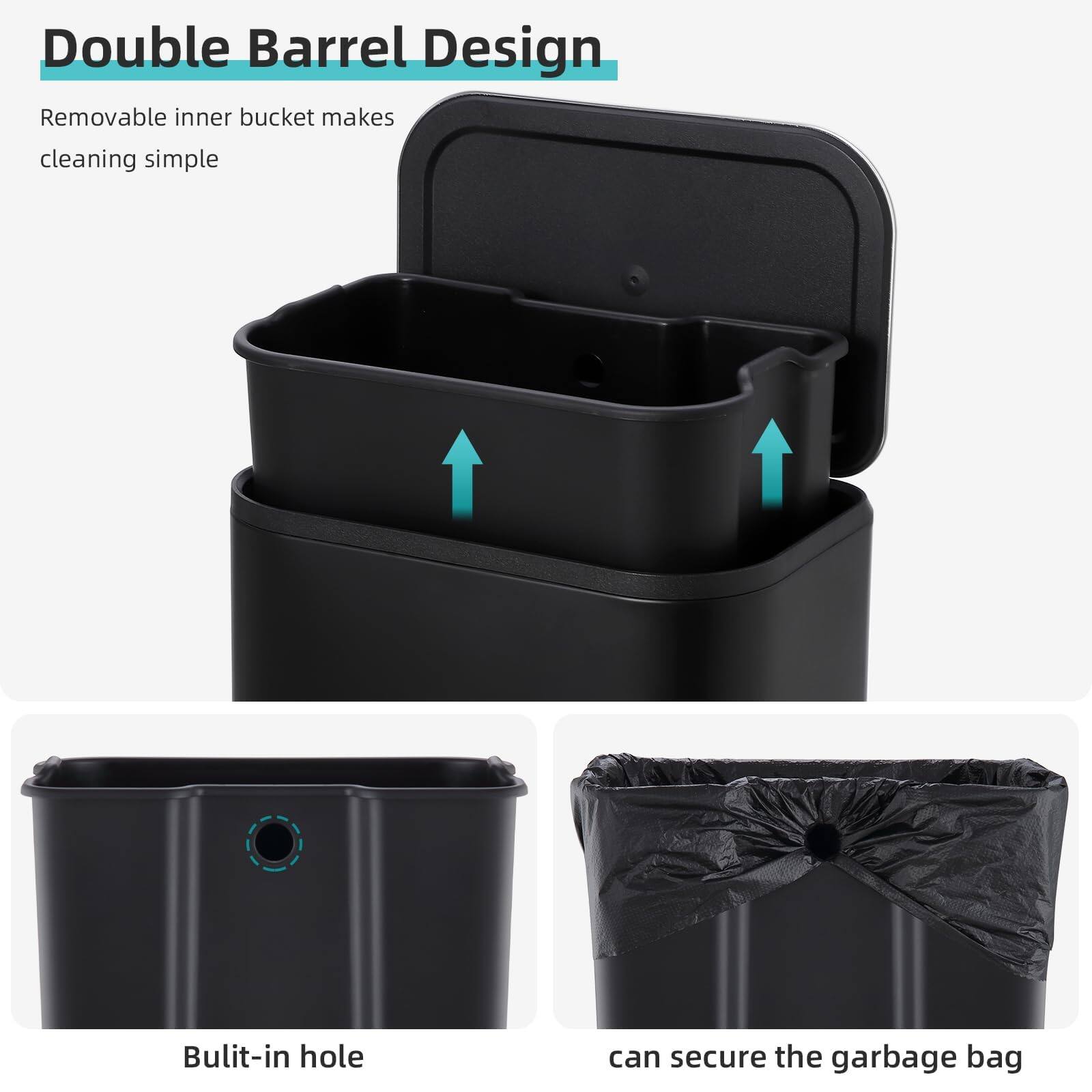 Double Barrel Design

Removable inner bucket makes cleaning simple

Built-in hole can secure the garbage bag