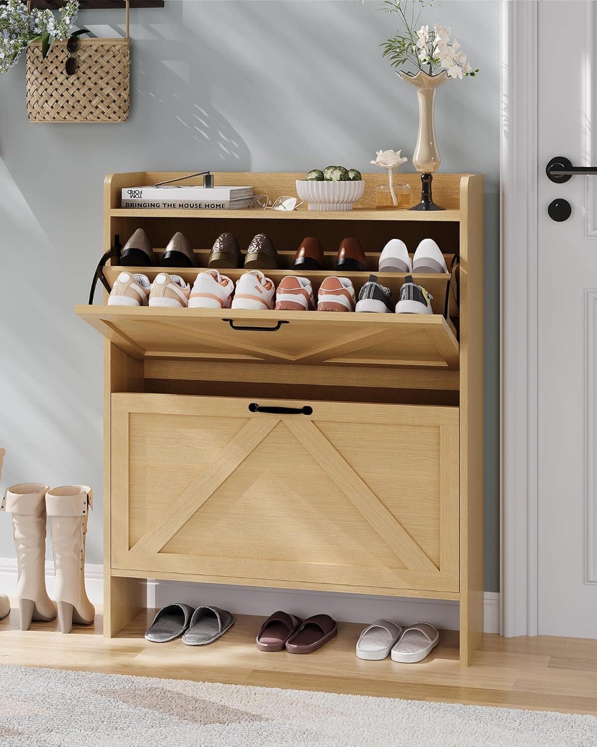 GARVEE - Shoe Storage Cabinet with 2 Flip Drawers, Freestanding Shoe Organizer with Wooden Legs for Entryway - Natural