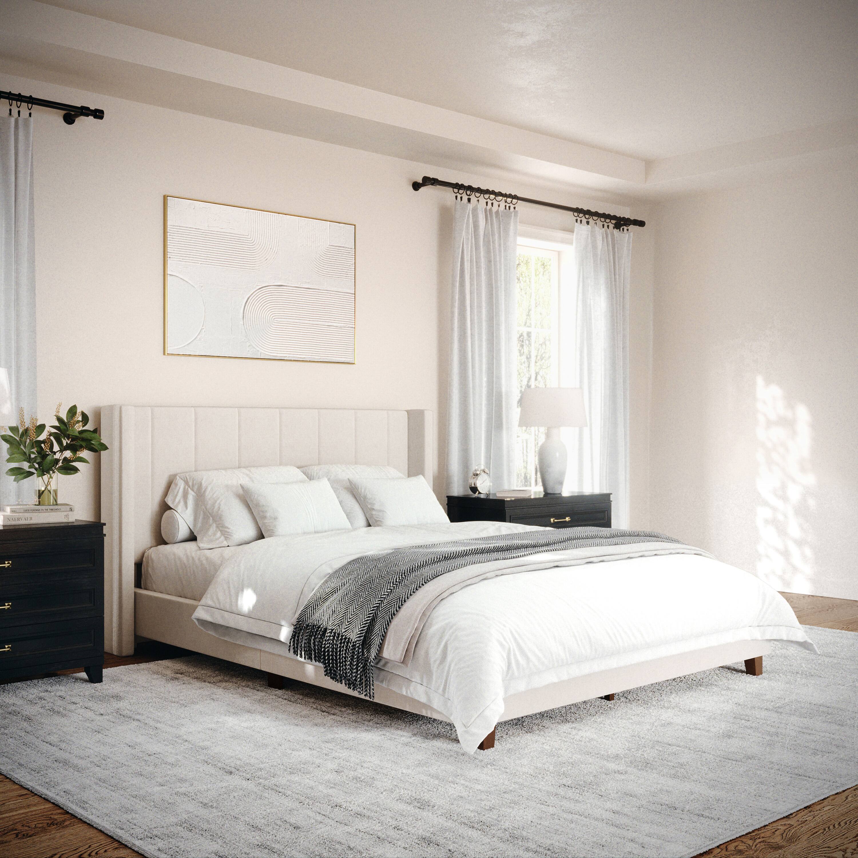 Alt View 14. Martha Stewart - Kay Faux Linen Queen Size Platform Bed with Channel Stitched Headboard - Beige Fabric/Walnut Legs.