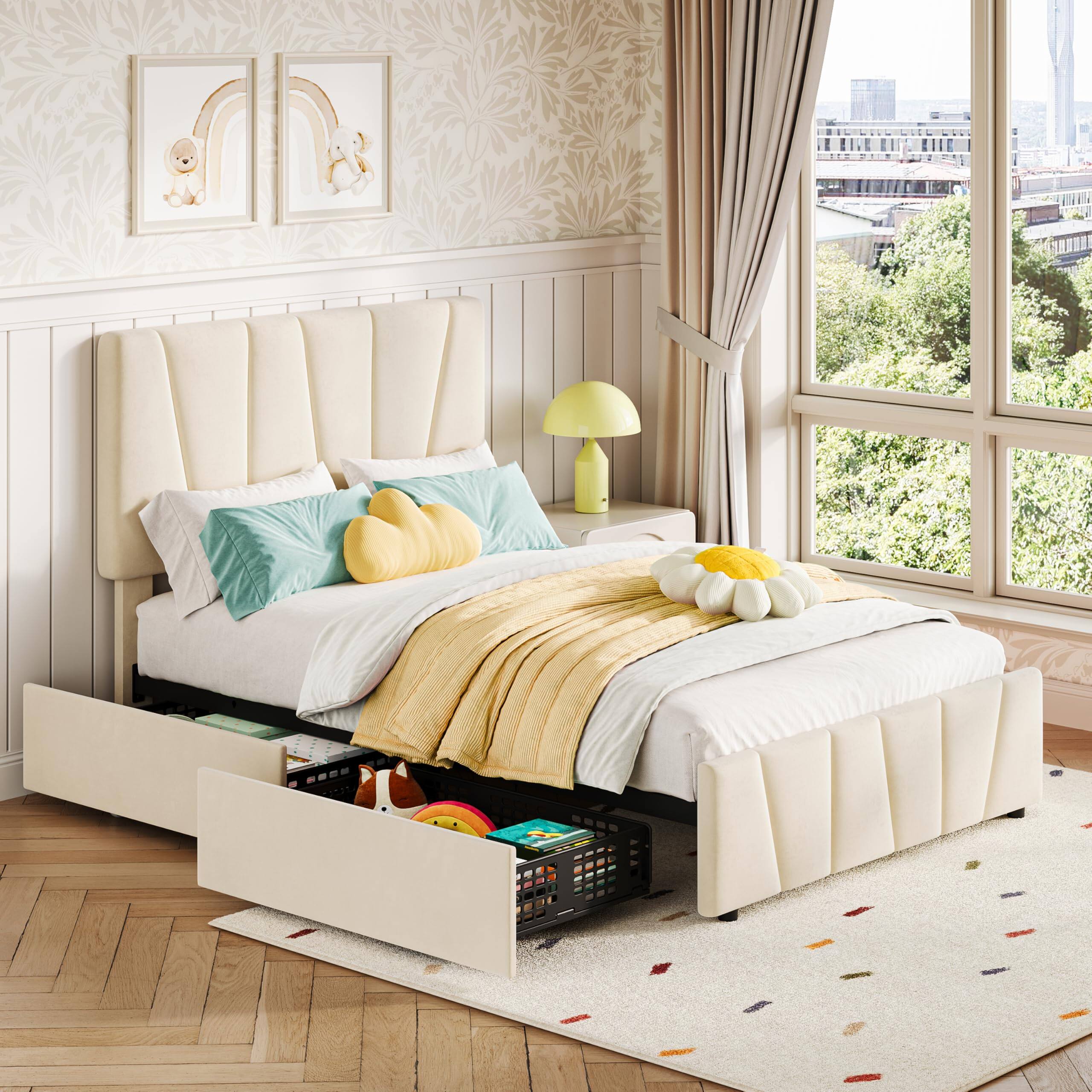 Front. Acekool - Twin Bed Frame with Adjustable Headboard & 2 Drawers, Upholstered Platform Bed Frame, No Box Spring Needed - Beige-Velvet.
