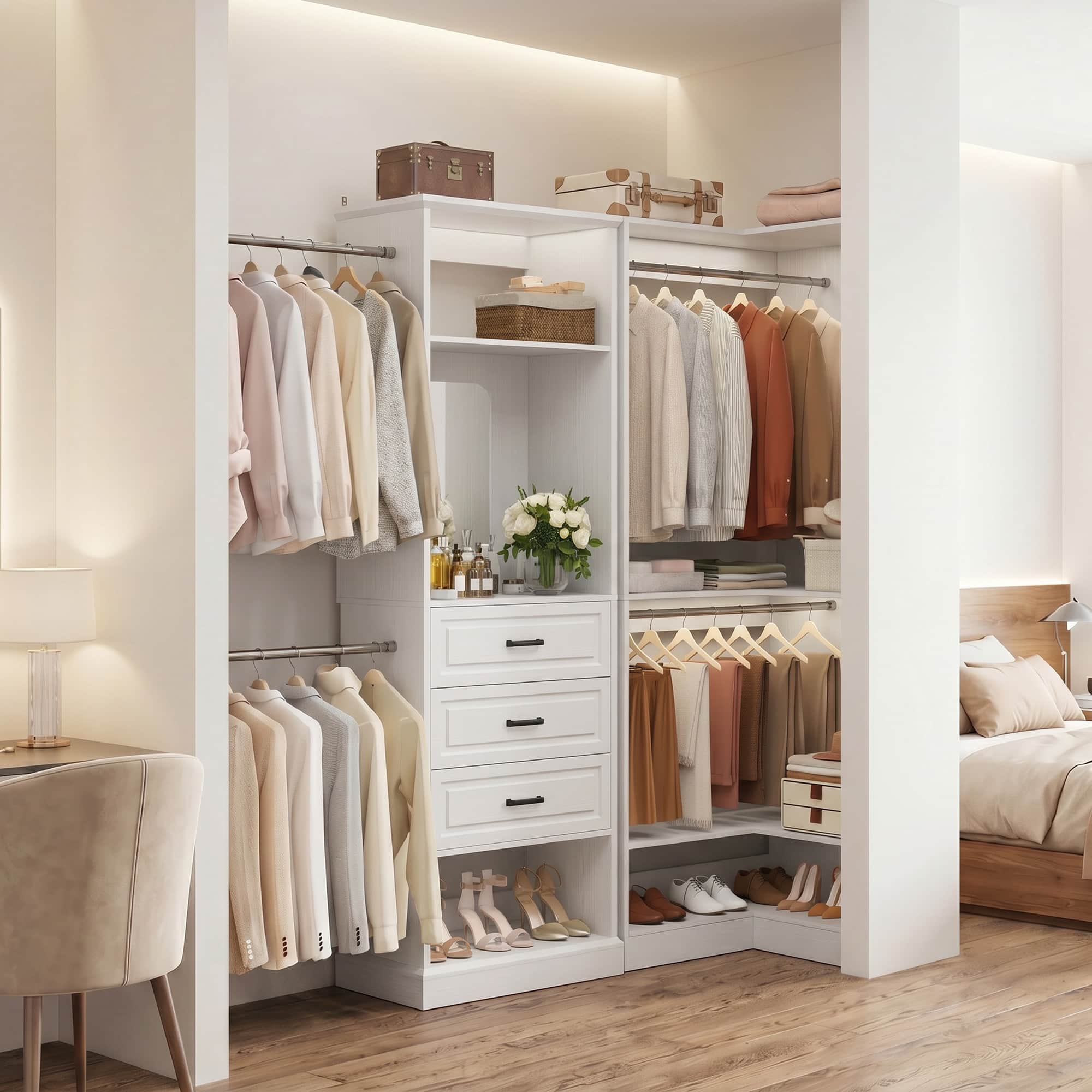 Aheaplus - 49.6'' - 113.6'' Wide Adjustable Closet System, with 6 Drawers, 4 Hanging Rods, 6 Cube Organizer and Mirror - White price history on PriceWatchPro