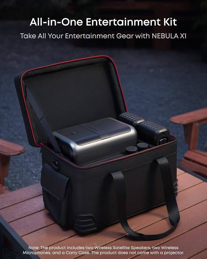 All-in-One Entertainment Kit  
Take All Your Entertainment Gear with NEBULA X1  

Note: The product includes two Wireless Satellite Speakers, two Wireless Microphones, and a Carry Case. The product does not come with a projector.