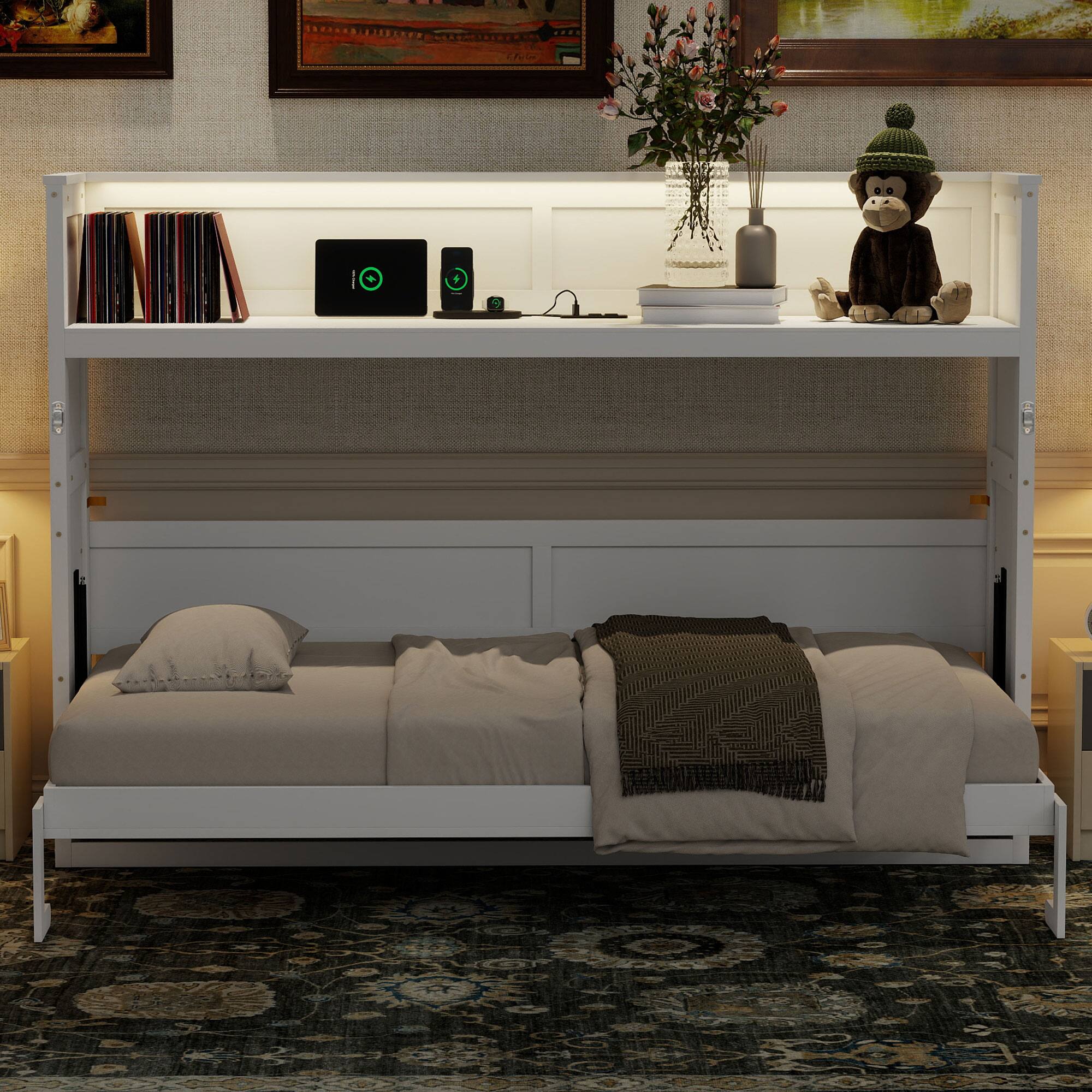 Angle. Whisen - Twin XL Murphy Bed with Desk, LED Light, USB Charging Station, Space-Saving Wall Bed for Guest Room - White.