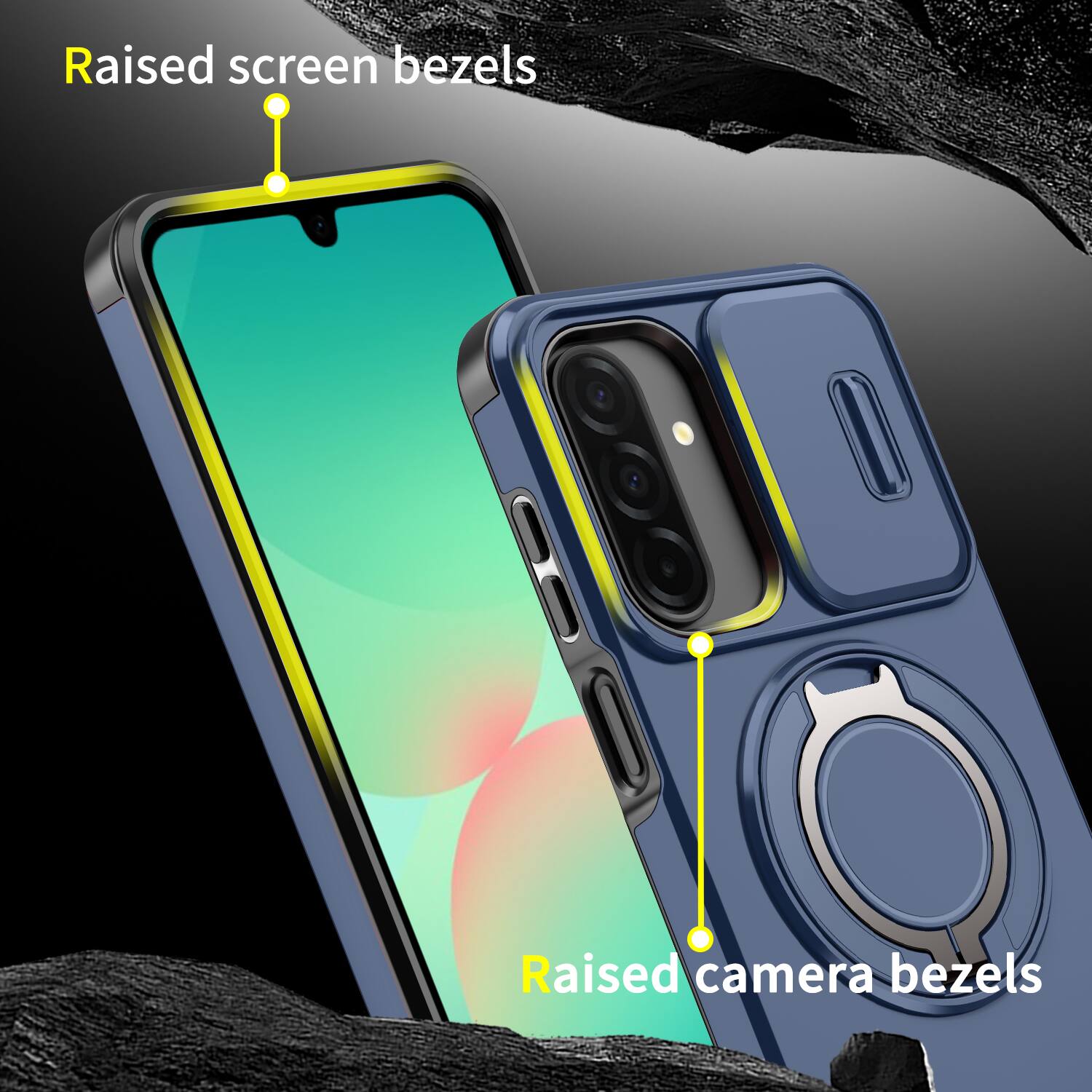 Raised screen bezels  
Raised camera bezels