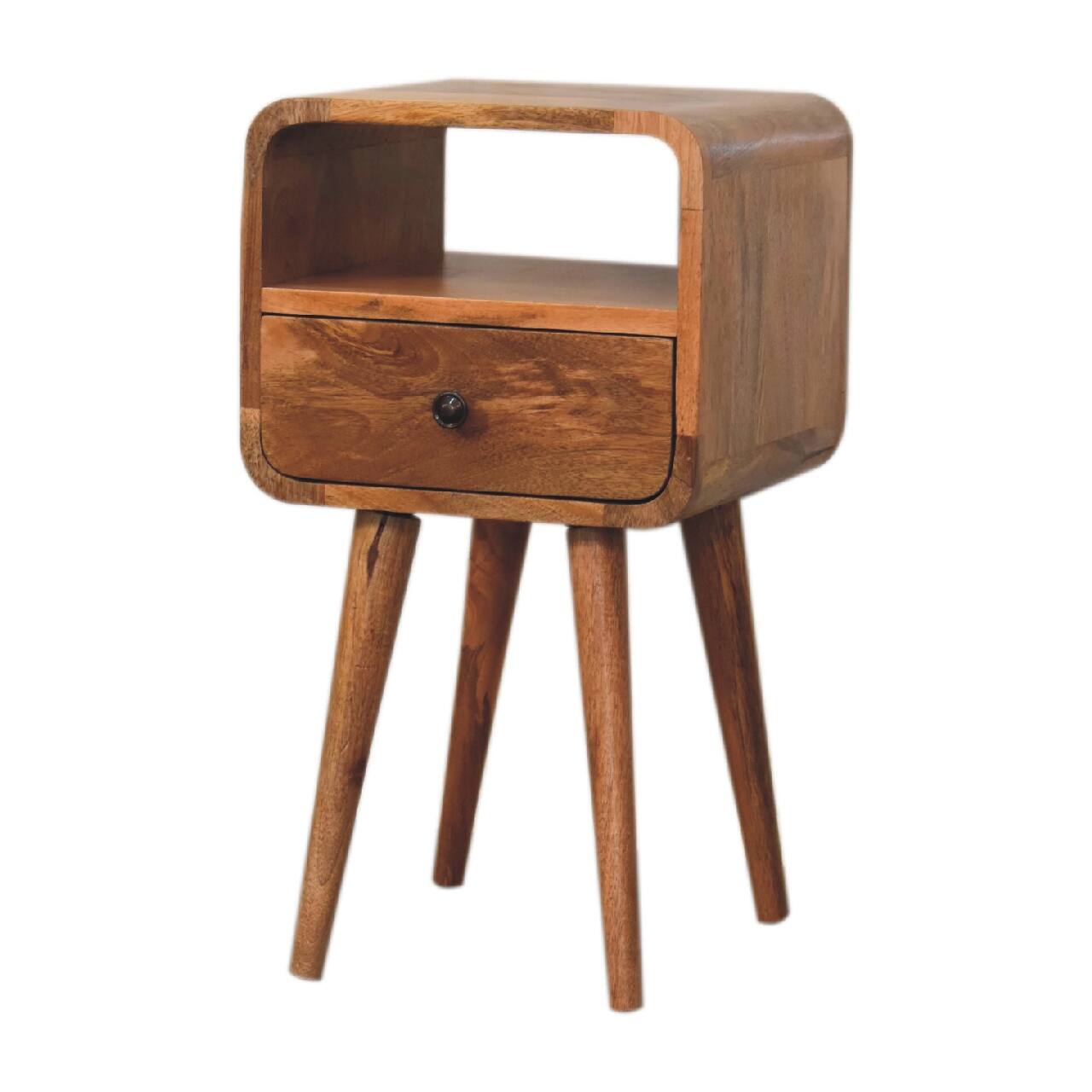 Back. Artisan Furniture - Artisan Furniture Solid Wood Mini Oakish Curve Open Nightstand, 1 Drawer, 1 Open Slot, Nordic Legs, Light Brown - Oak.