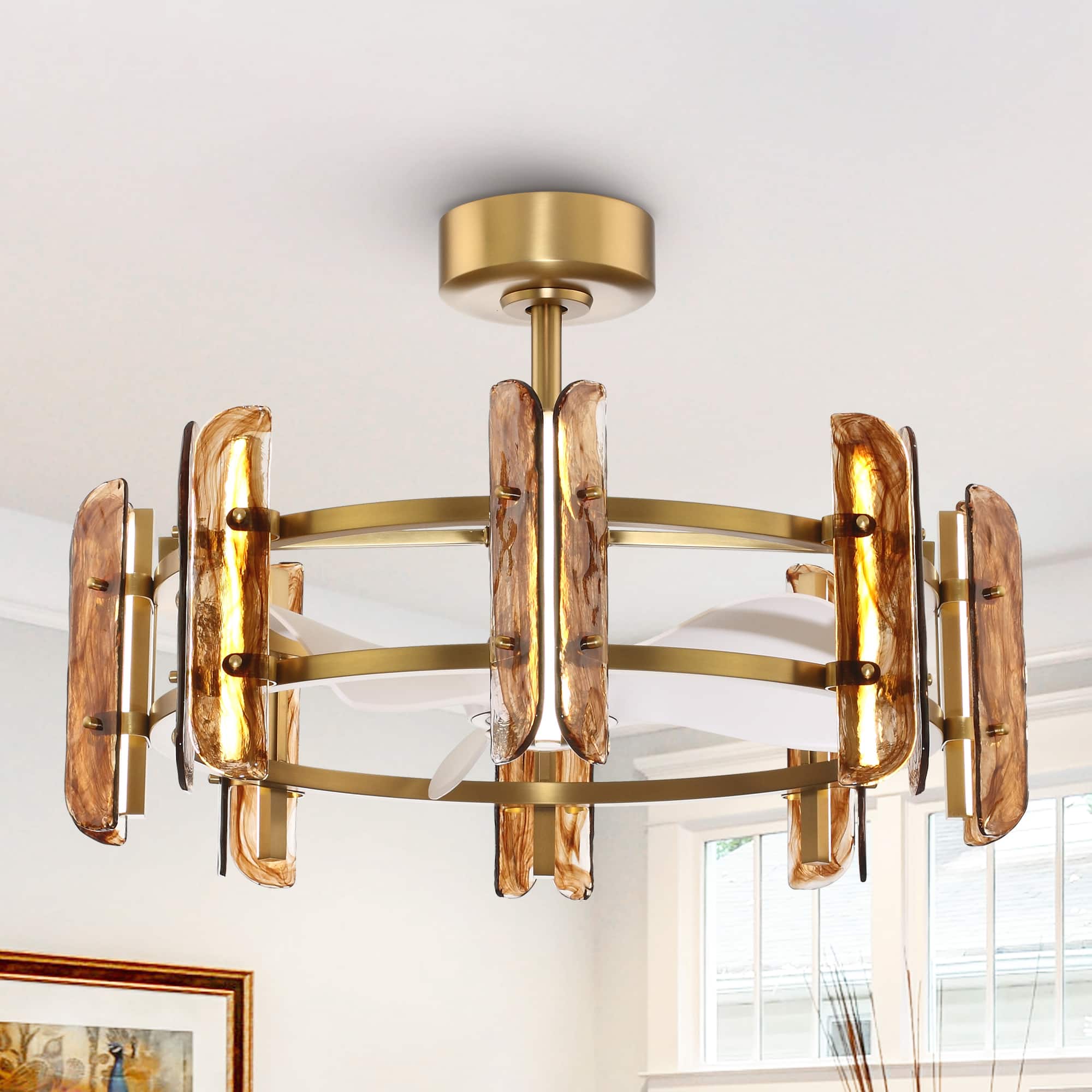 Front. Perimost - 32" Modern Amber Art Glass Gold Ceiling Fan Chandelier with Light and Remote, DC Reversible Motor - Gold.
