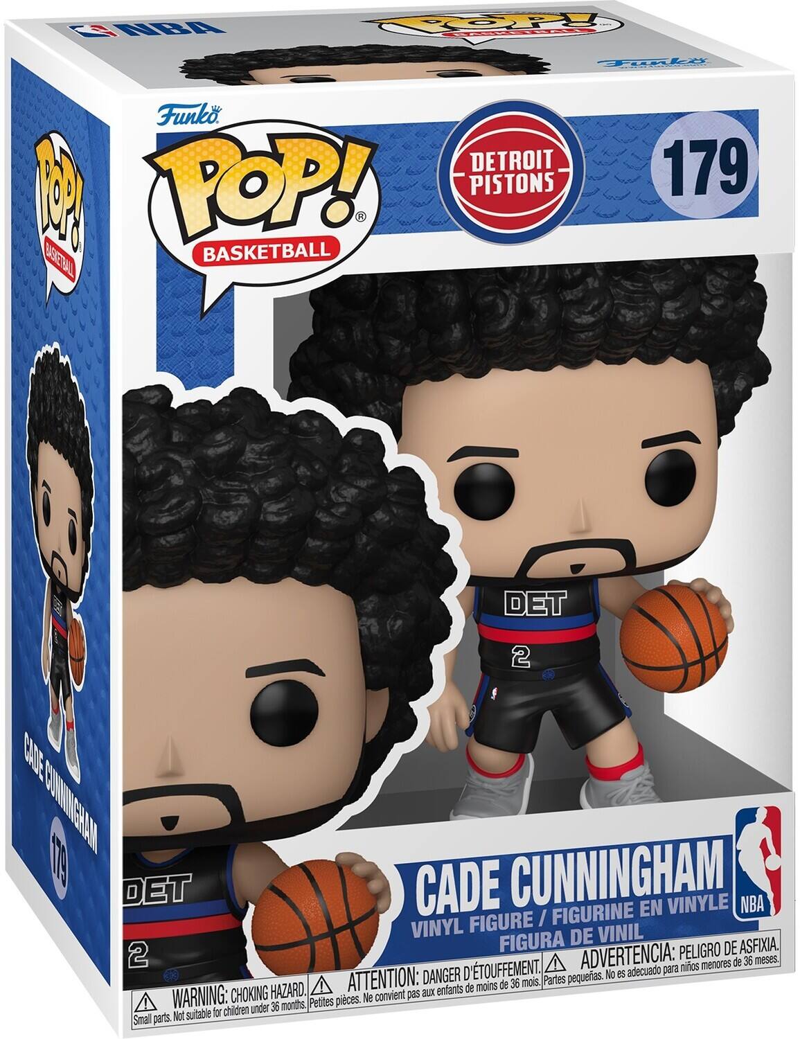Sure, here is the corrected and grouped text from the image:

---

**Funko POP! BASKETBALL**

**DETROIT PISTONS**

**179**

**CADE CUNNINGHAM**

**VINYL FIGURE / FIGURINE EN VINYLE / FIGURA DE VINIL**

**WARNING: CHOKING HAZARD - Small parts. Not suitable for children under 36 months.**

**ATTENTION: DANGER D'ÉTOUFFEMENT - Petites pièces. Ne convient pas aux enfants de moins de 36 mois.**

**ADVERTENCIA: PELIGRO DE ASFIXIA - Partes pequeñas. No es adecuado para niños menores de 36 meses.**

---

This text is organized to reflect the information on the packaging accurately.