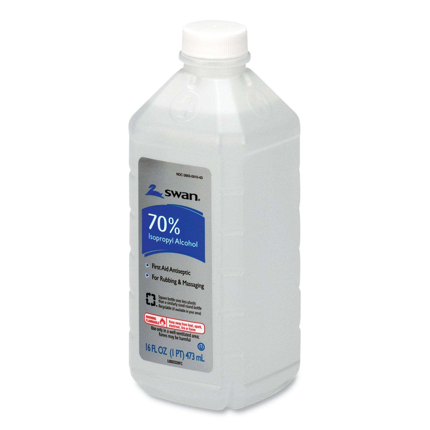 NDC 0698-0810-03  
swan.  
70% Isopropyl Alcohol  
First Aid Antiseptic  
For Rubbing & Massaging  

Square bottle uses less plastic.  
Recyclable if sized found bottle.  

CAUTION:  
Flammable. Keep away from heat, spark, open flame.  
Use only in a well-ventilated area.  
Inhalation may be harmful.  

16 FL OZ (1 PT) 473 mL  

UN3261