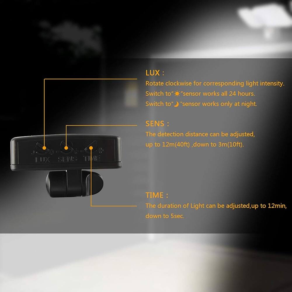 LUX:  
Rotate clockwise for corresponding light intensity.  
Switch to "sensor works all 24 hours.  
Switch to "sensor works only at night.  

SENS:  
The detection distance can be adjusted, up to 12m (40ft), down to 3m (10ft).  

TIME:  
The duration of Light can be adjusted, up to 12min, down to 5sec.
