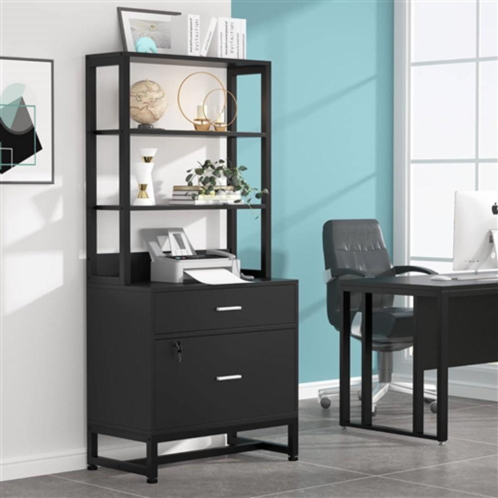 Angle. Hivvago - Home Office Lockable 2 Drawer Filing Cabinet Bookshelf in Black Wood Finish - Black.