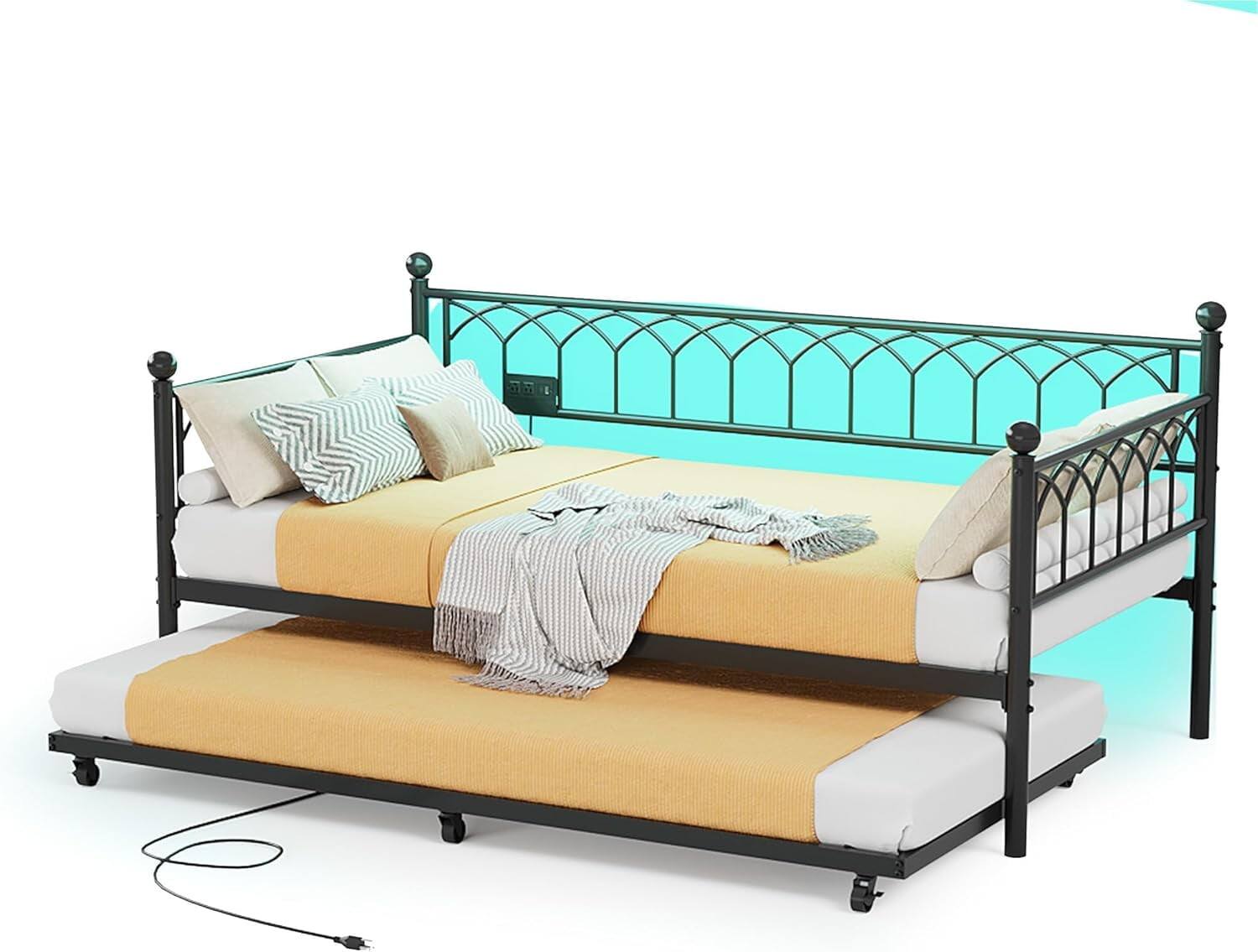 Alt View 1. GARVEE - Twin Metal Daybed with Trundle, Sofa Bed Frame, Charging Station, LED Lights - Black - Black Twin.