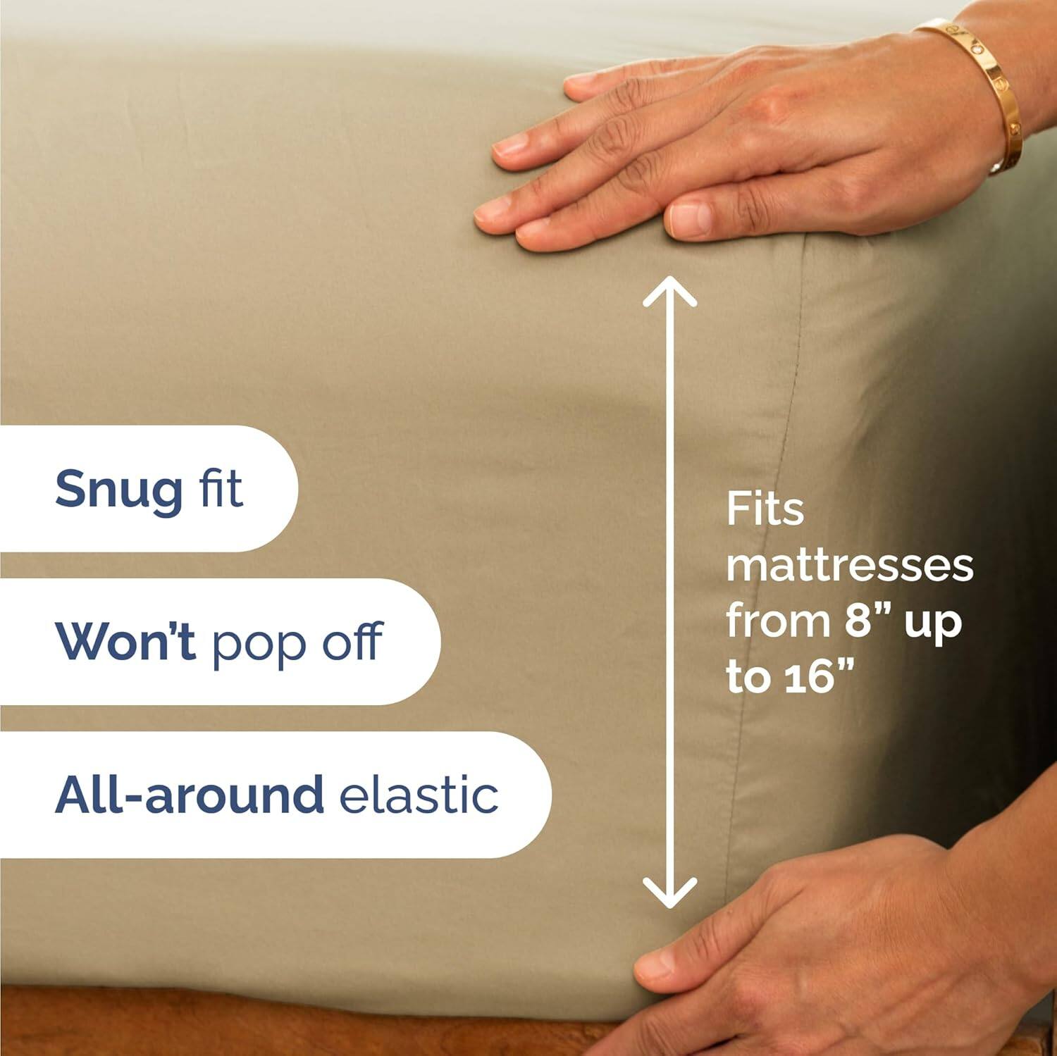 Snug fit  
Won't pop off  
Fits mattresses from 8" up to 16"  
All-around elastic