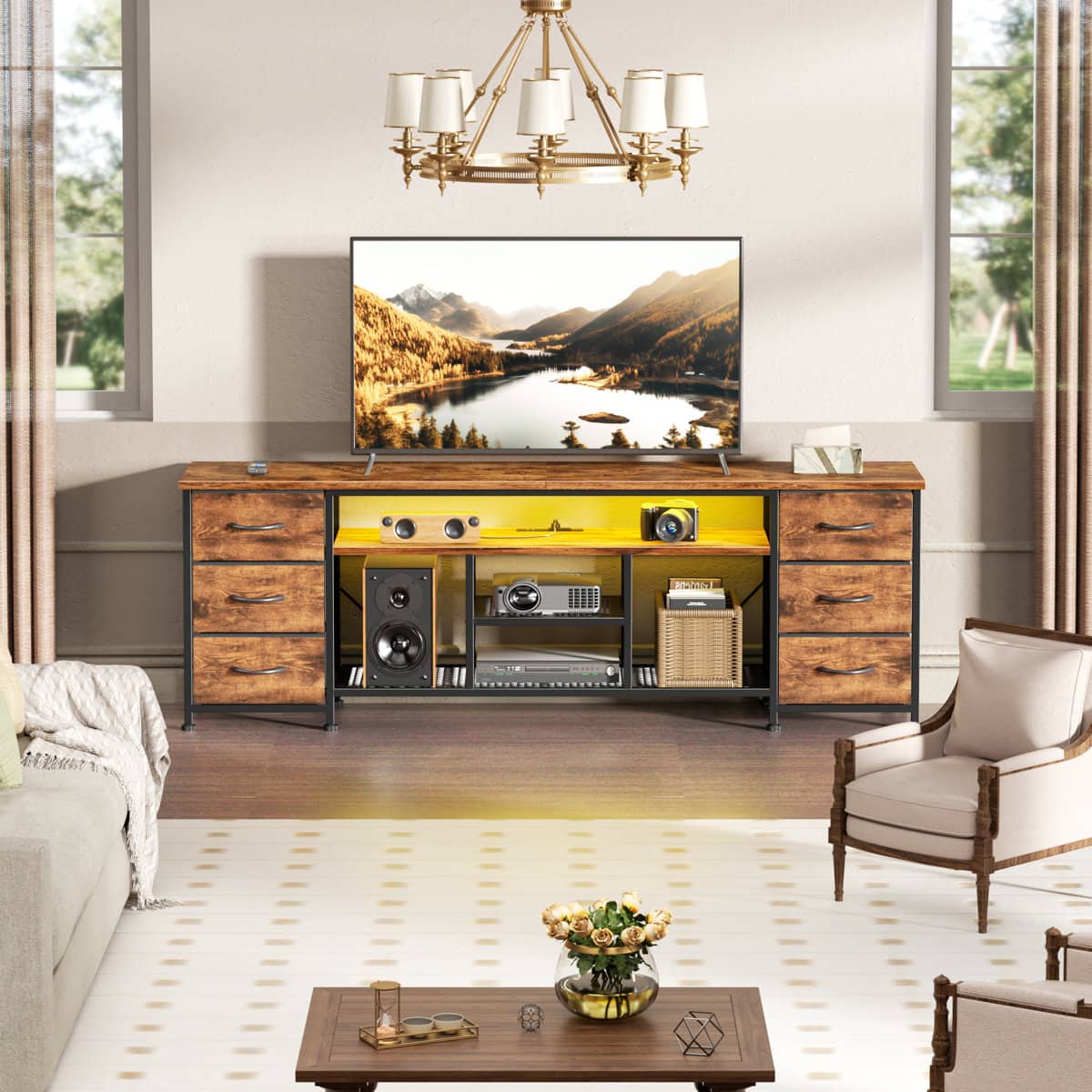 Furnulem - 71 In Modern LED TV Stand with Power Outlets 6 Drawer Entertainment Center Media Console with Storage for Living Room - Brown price history on PriceWatchPro
