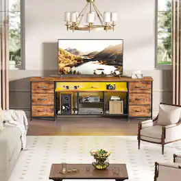 Furnulem - 71 In Modern LED TV Stand with Power Outlets 6 Drawer Entertainment Center Media Console with Storage for Living Room - Brown