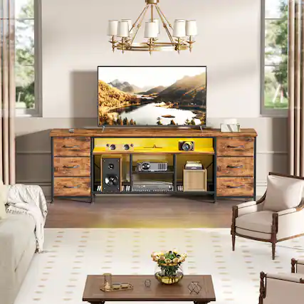 Front. Furnulem - 71 In Modern LED TV Stand with Power Outlets 6 Drawer Entertainment Center Media Console with Storage for Living Room - Brown.