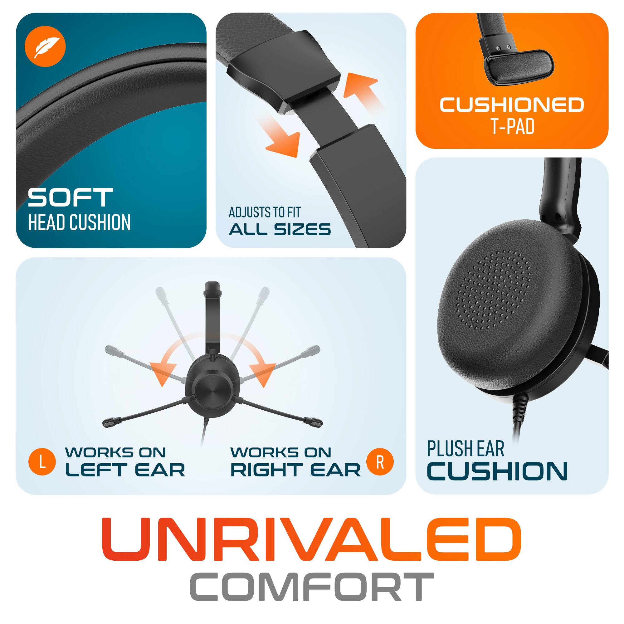 - Soft Head Cushion
- Cushioned T-Pad
- Adjusts to Fit All Sizes
- Works on Left Ear
- Works on Right Ear
- Plush Ear Cushion
- Unrivaled Comfort