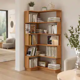 RYHNUYNE - 90cm L-Shaped 5-Tier Corner Bookshelf with Anti-Drop Panel and Anti-Tipping Device MDF Freestanding Bookcase - White