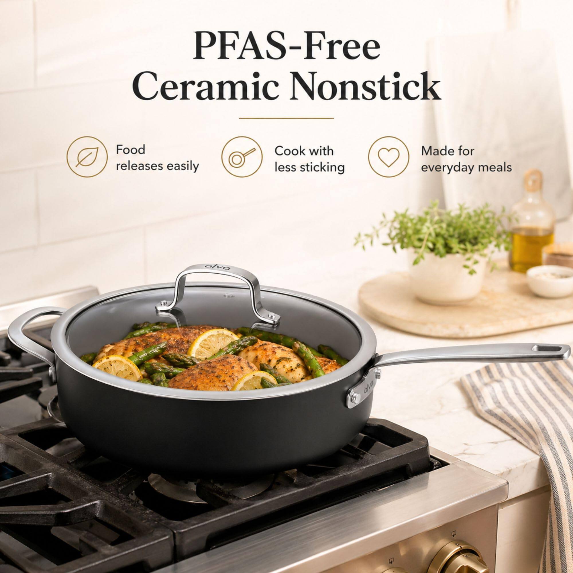 PFAS-Free Ceramic Nonstick  
Food releases easily  
Cook with less sticking  
Made for everyday meals